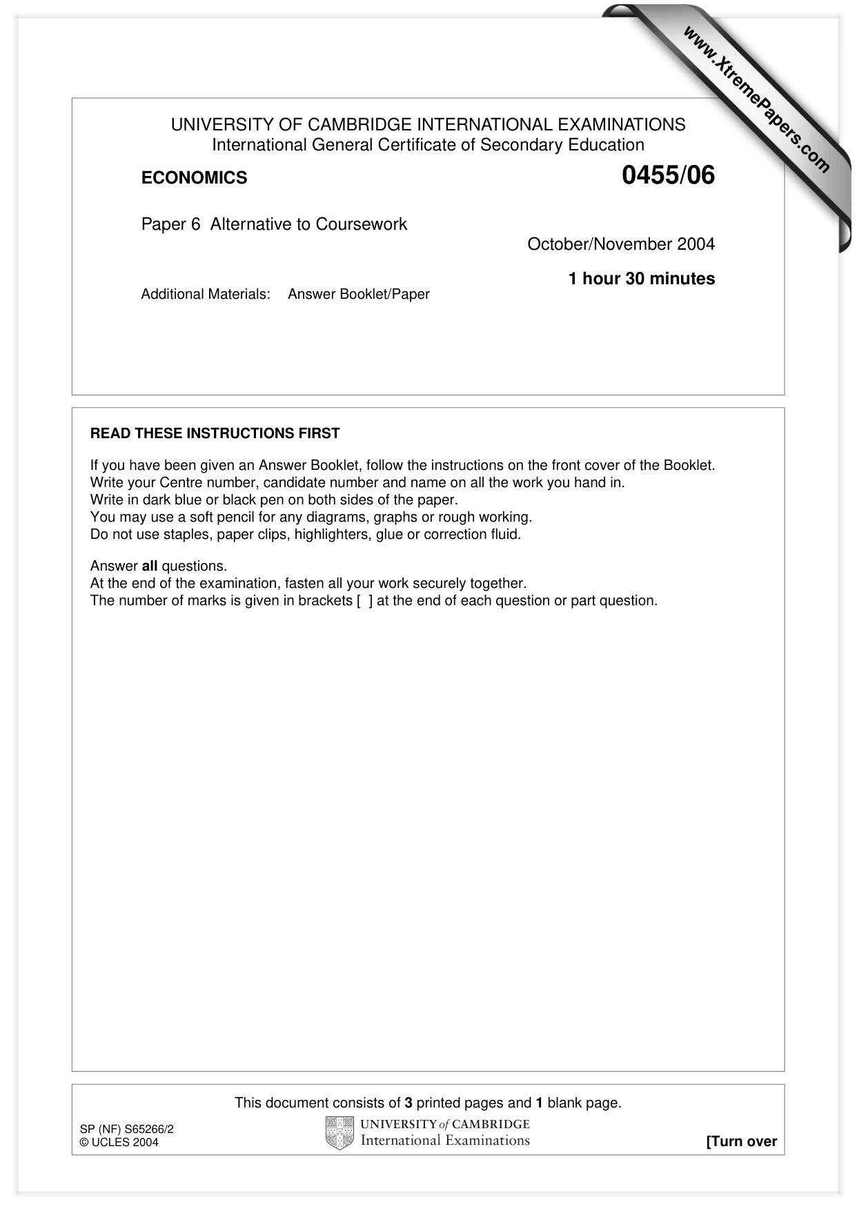 Cambridge IGCSE Economics 0455 2004 Oct/Nov Paper 6 · Variant 1 question paper, page 1 of 4
