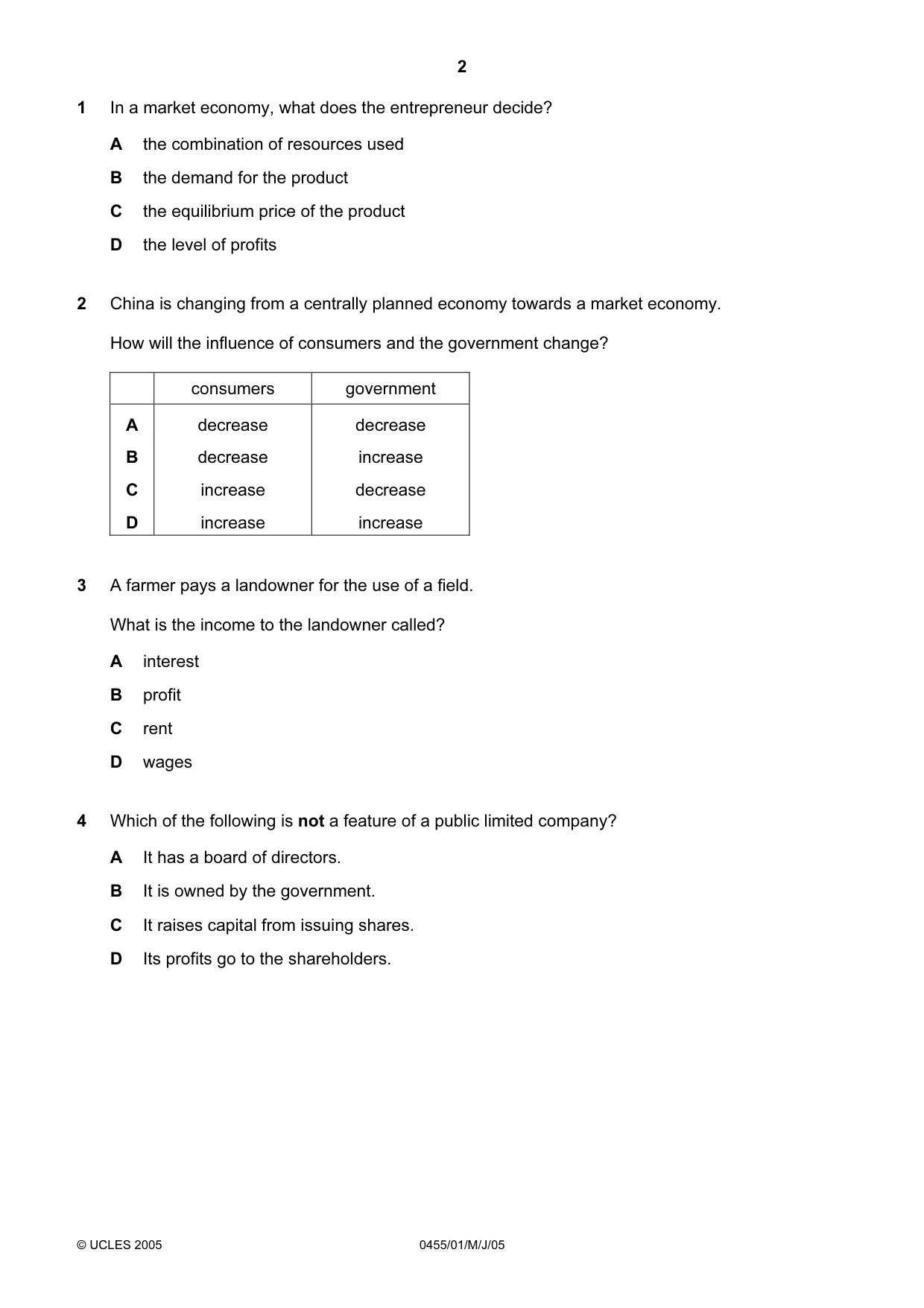 Cambridge IGCSE Economics 0455 2005 May/June Paper 1 · Variant 1 question paper, page 2 of 12