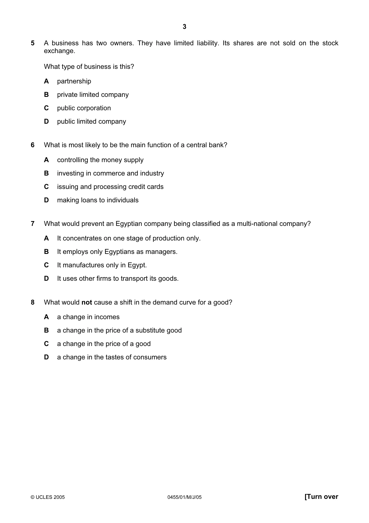 Cambridge IGCSE Economics 0455 2005 May/June Paper 1 · Variant 1 question paper, page 3 of 12