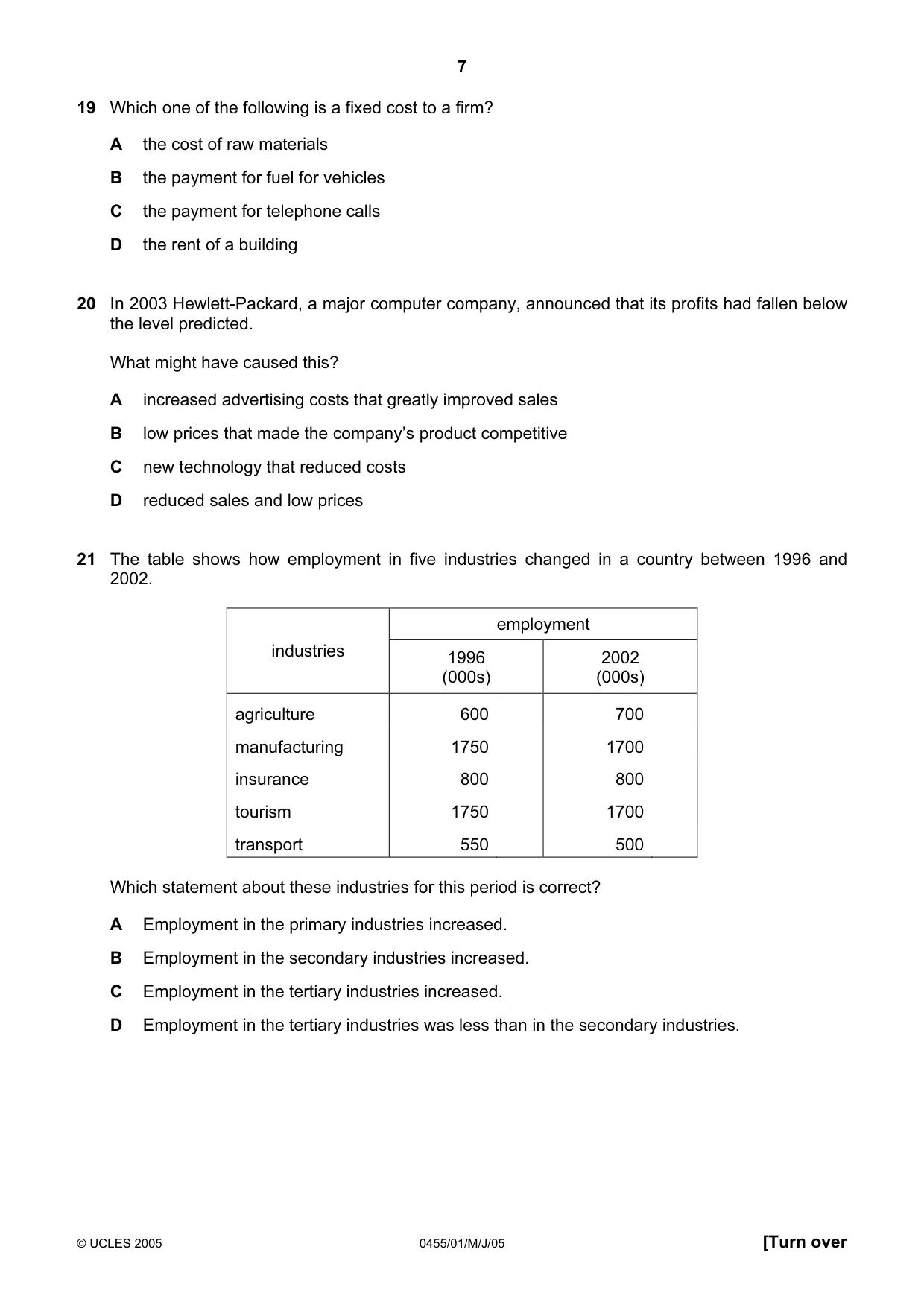 Cambridge IGCSE Economics 0455 2005 May/June Paper 1 · Variant 1 question paper, page 7 of 12