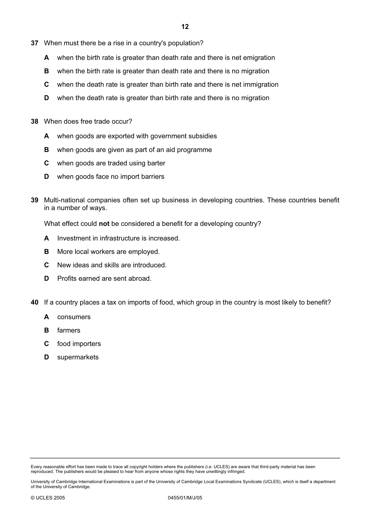 Cambridge IGCSE Economics 0455 2005 May/June Paper 1 · Variant 1 question paper, page 12 of 12