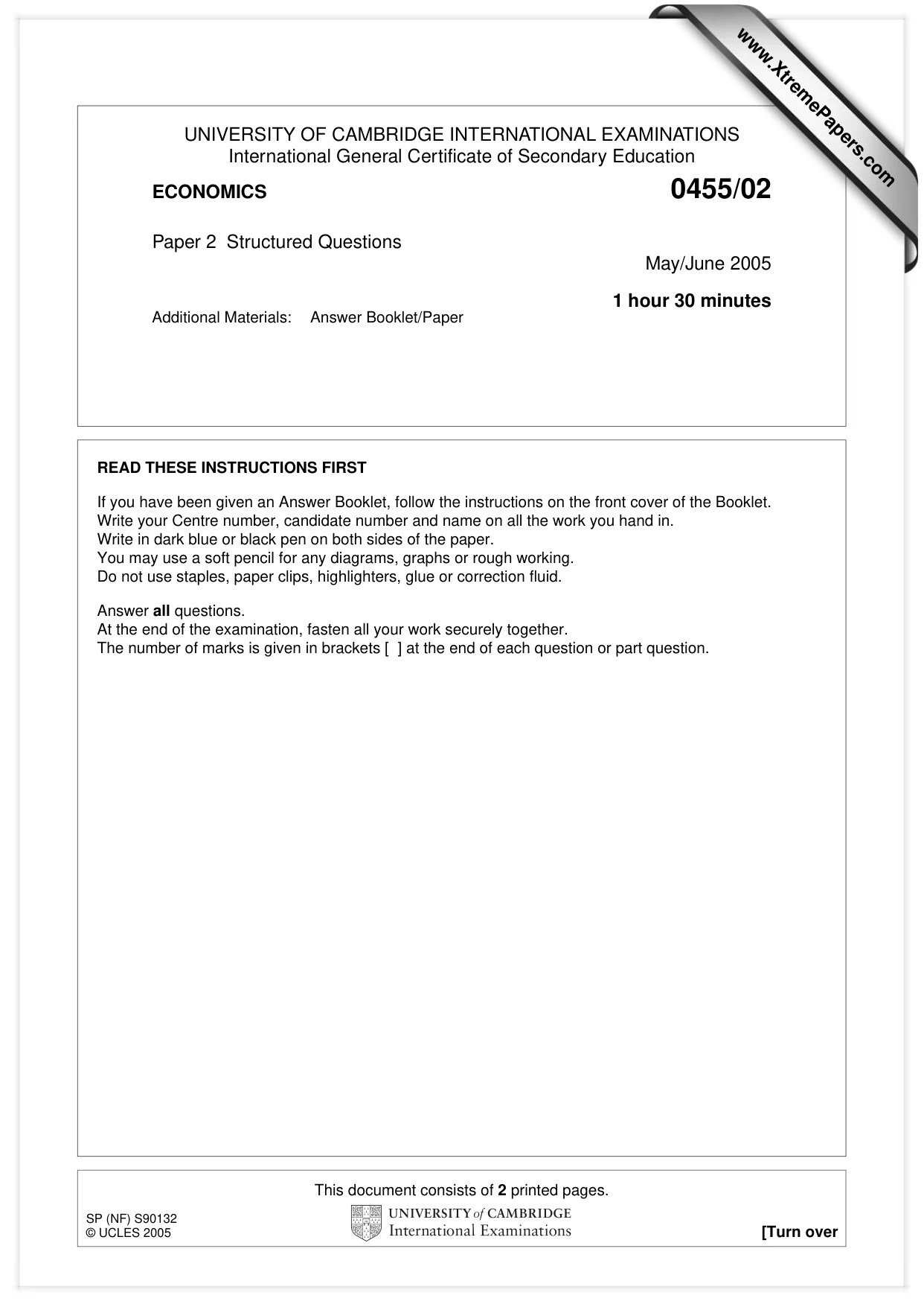 Cambridge IGCSE Economics 0455 2005 May/June Paper 2 · Variant 1 question paper, page 1 of 2