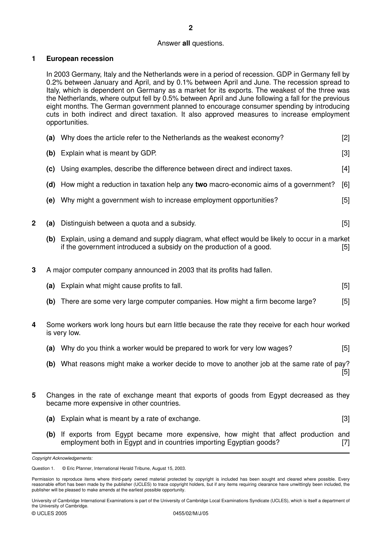 Cambridge IGCSE Economics 0455 2005 May/June Paper 2 · Variant 1 question paper, page 2 of 2