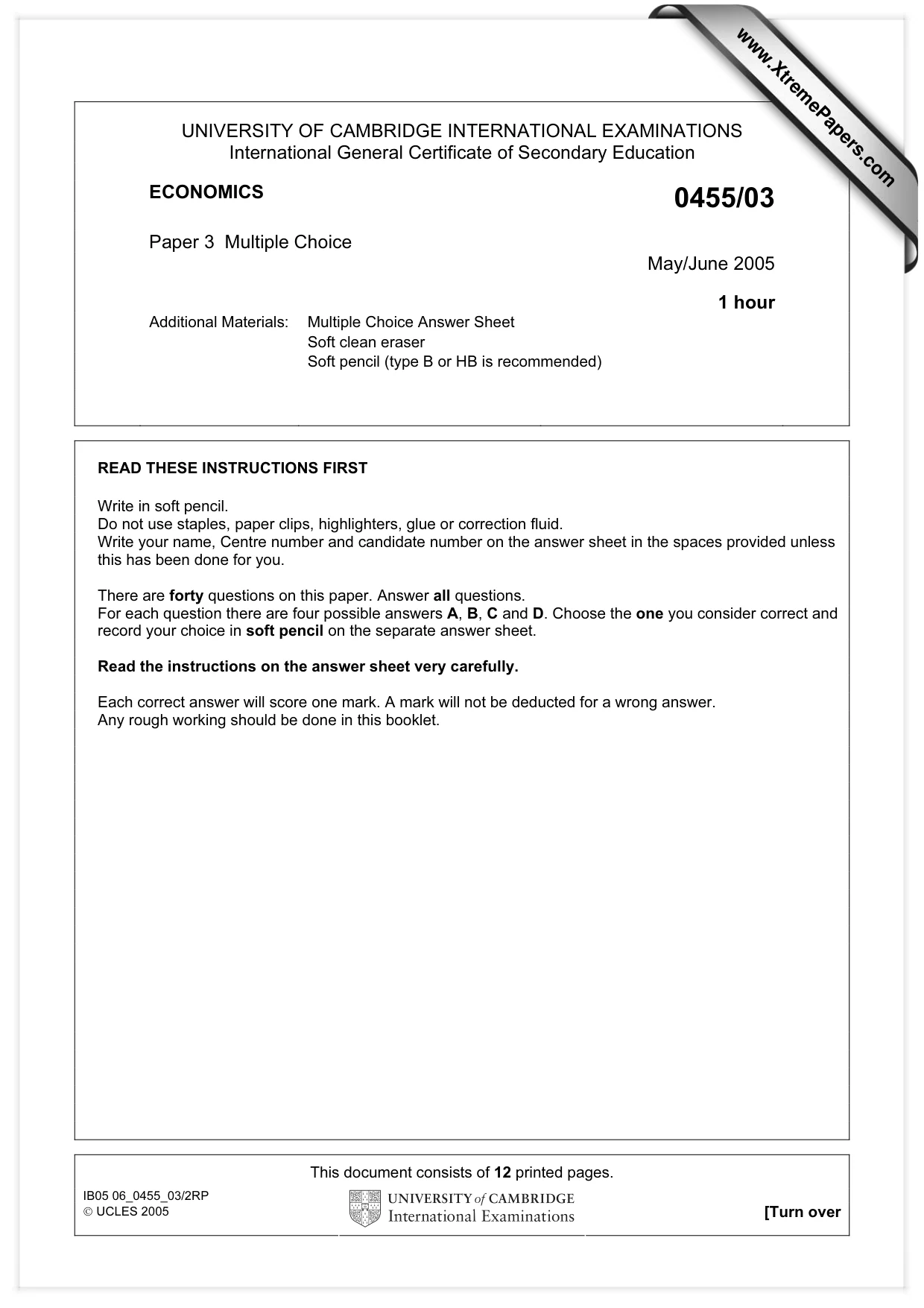 Cambridge IGCSE Economics 0455 2005 May/June Paper 3 · Variant 1 question paper, page 1 of 12