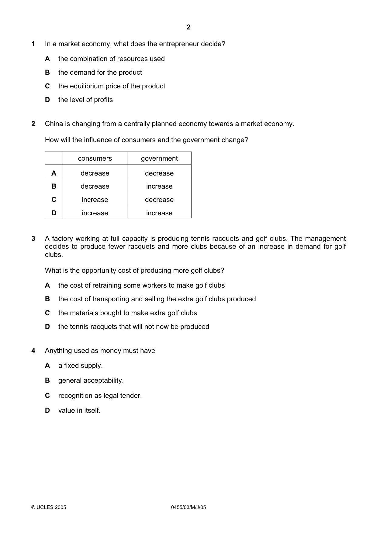 Cambridge IGCSE Economics 0455 2005 May/June Paper 3 · Variant 1 question paper, page 2 of 12