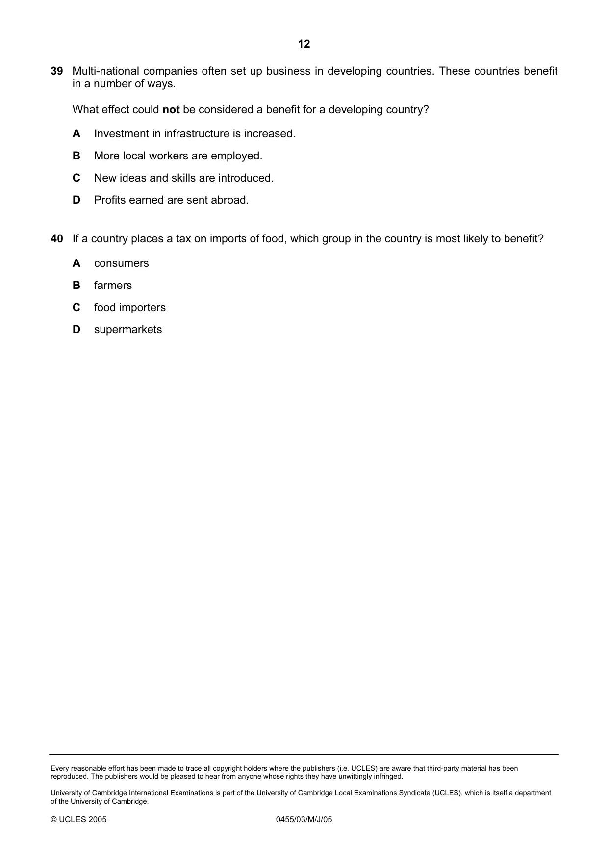 Cambridge IGCSE Economics 0455 2005 May/June Paper 3 · Variant 1 question paper, page 12 of 12