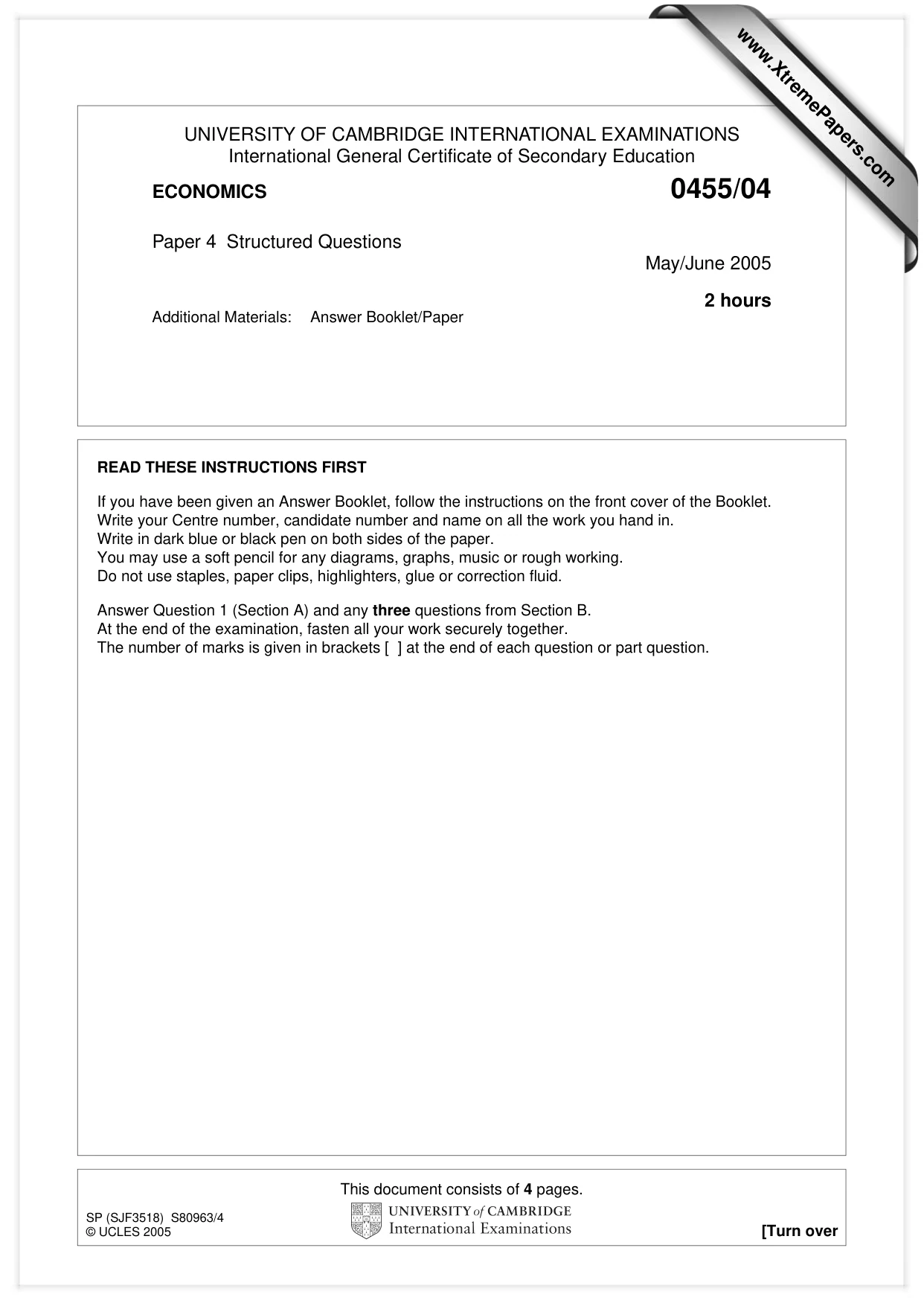 Cambridge IGCSE Economics 0455 2005 May/June Paper 4 · Variant 1 question paper, page 1 of 4