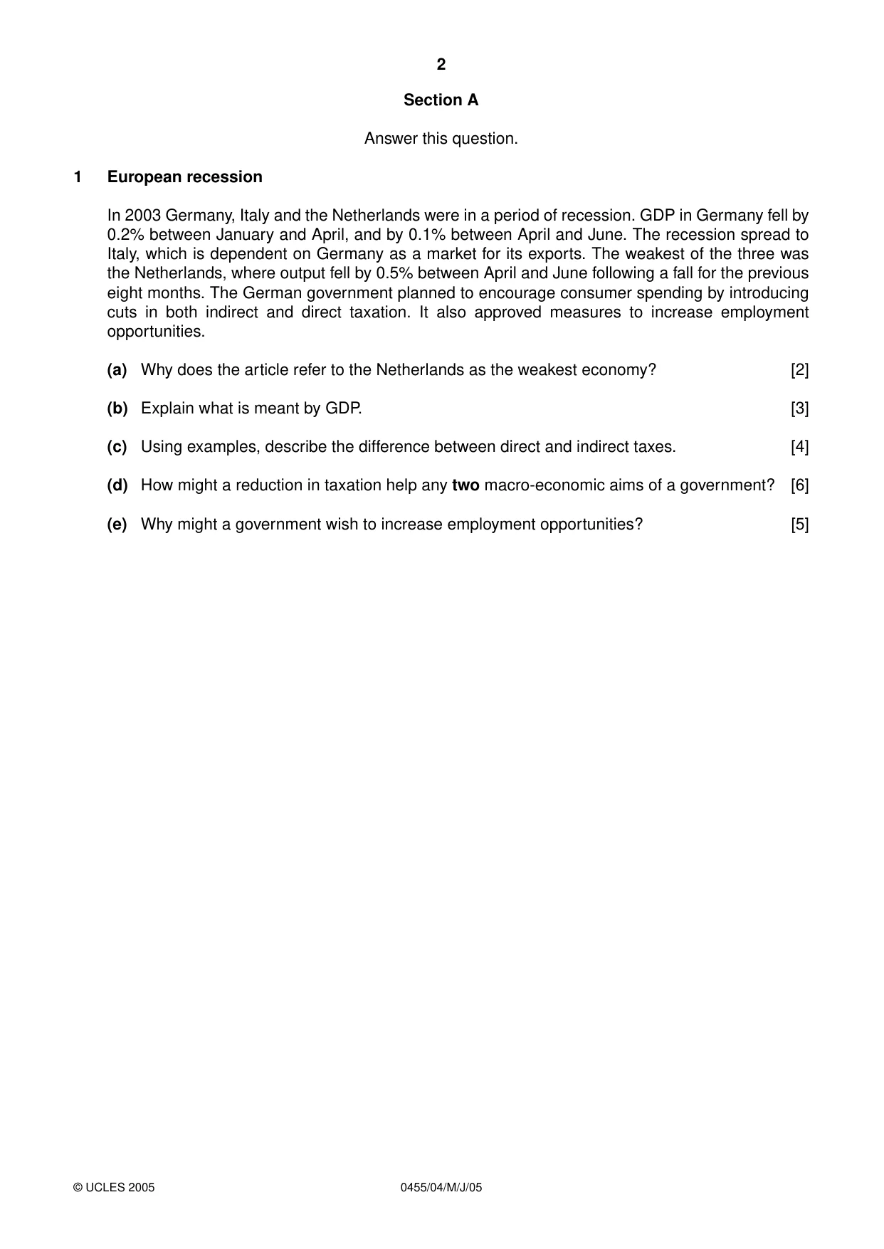 Cambridge IGCSE Economics 0455 2005 May/June Paper 4 · Variant 1 question paper, page 2 of 4