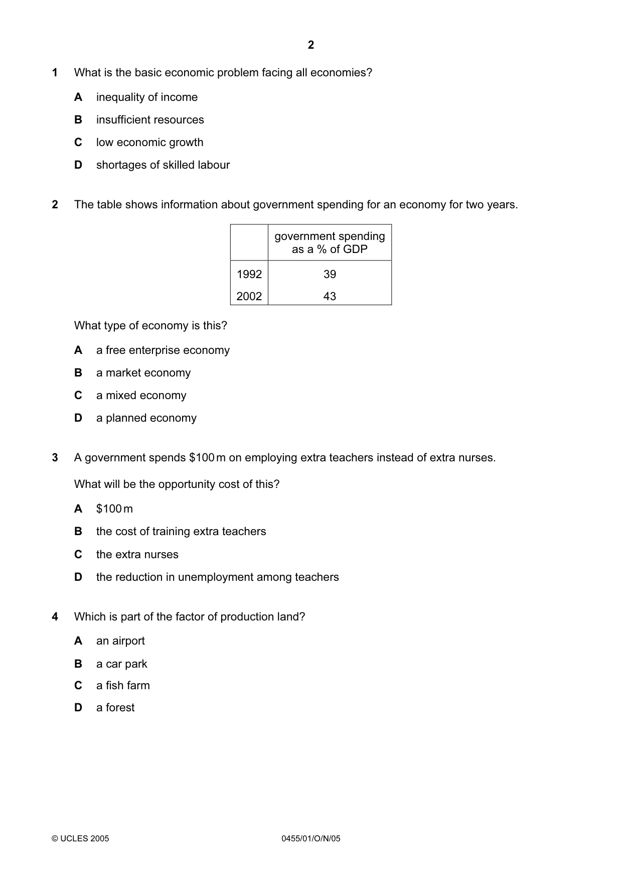 Cambridge IGCSE Economics 0455 2005 Oct/Nov Paper 1 · Variant 1 question paper, page 2 of 12