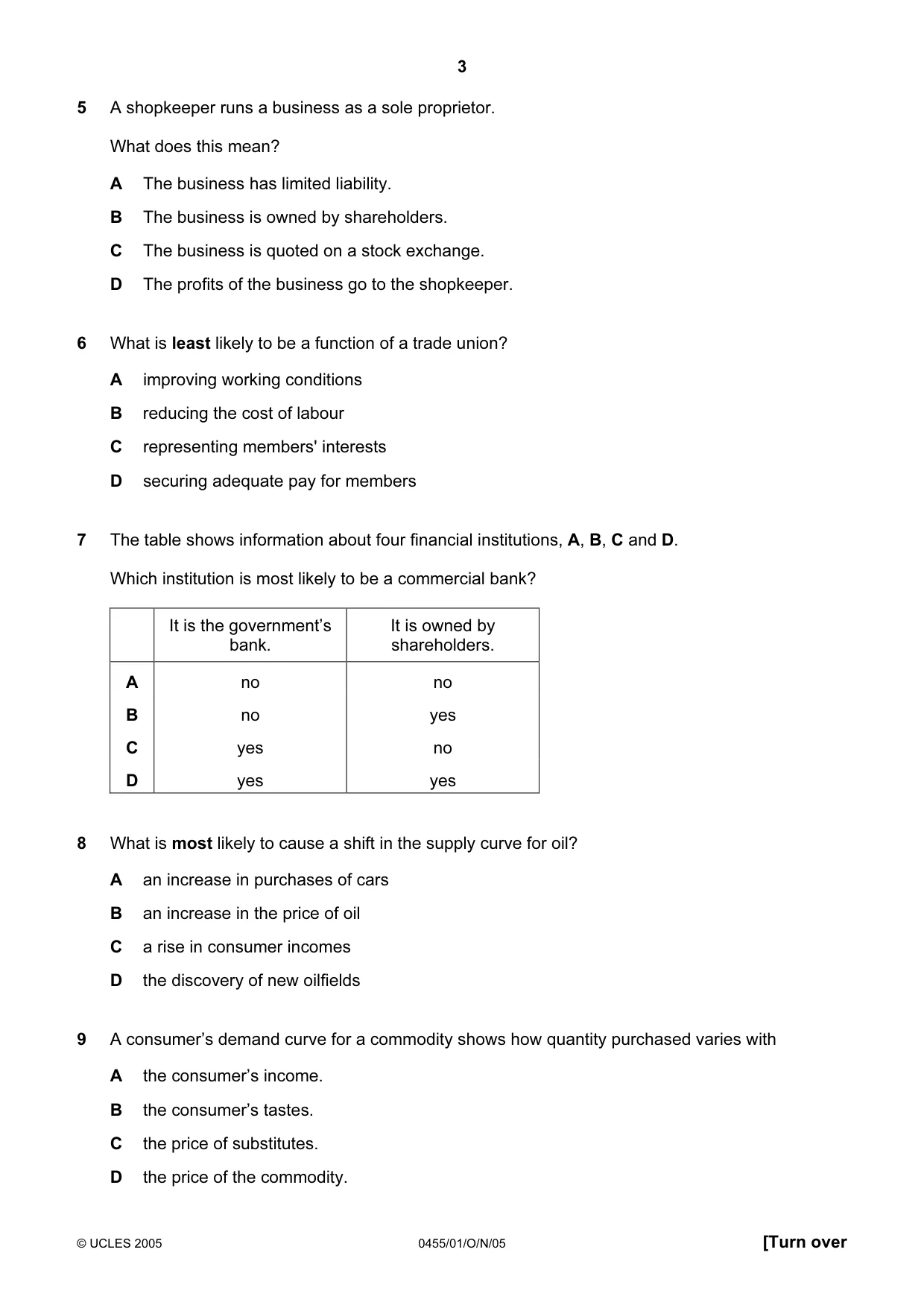 Cambridge IGCSE Economics 0455 2005 Oct/Nov Paper 1 · Variant 1 question paper, page 3 of 12