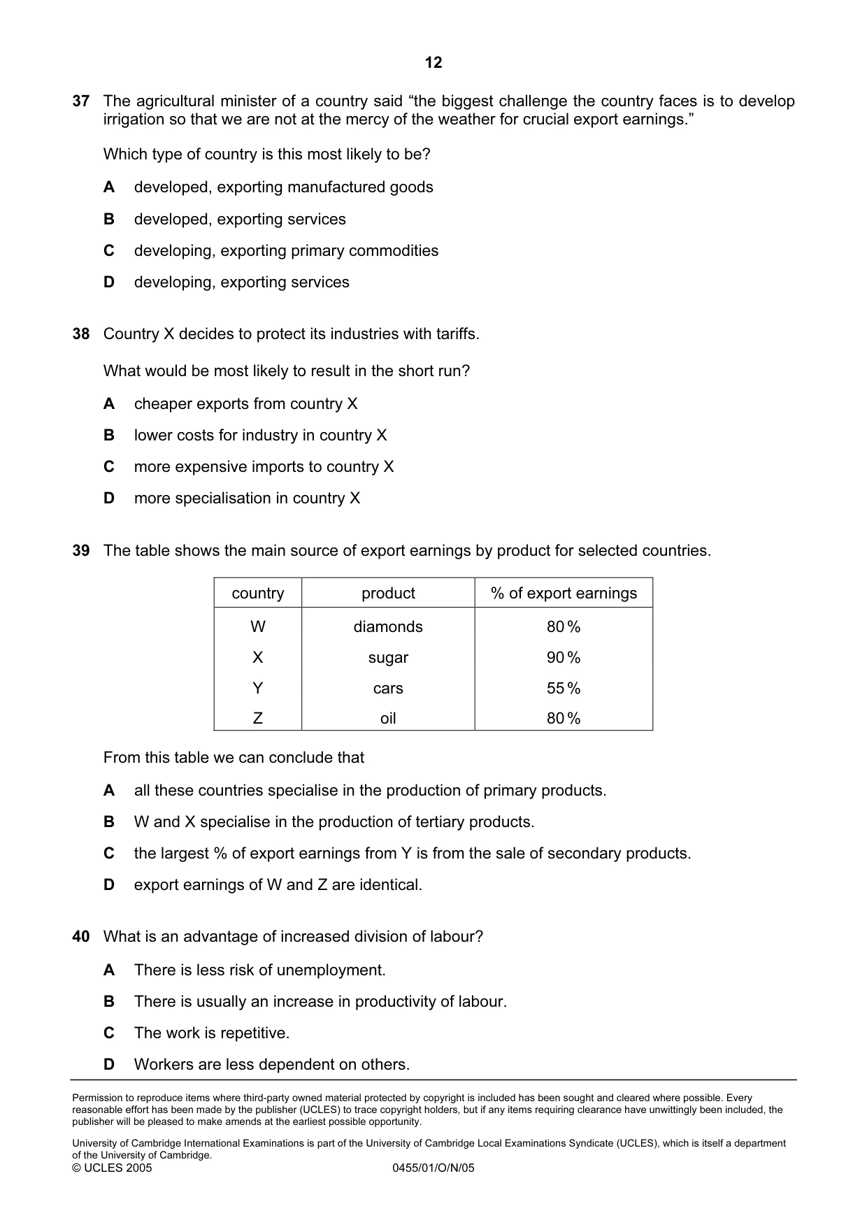 Cambridge IGCSE Economics 0455 2005 Oct/Nov Paper 1 · Variant 1 question paper, page 12 of 12
