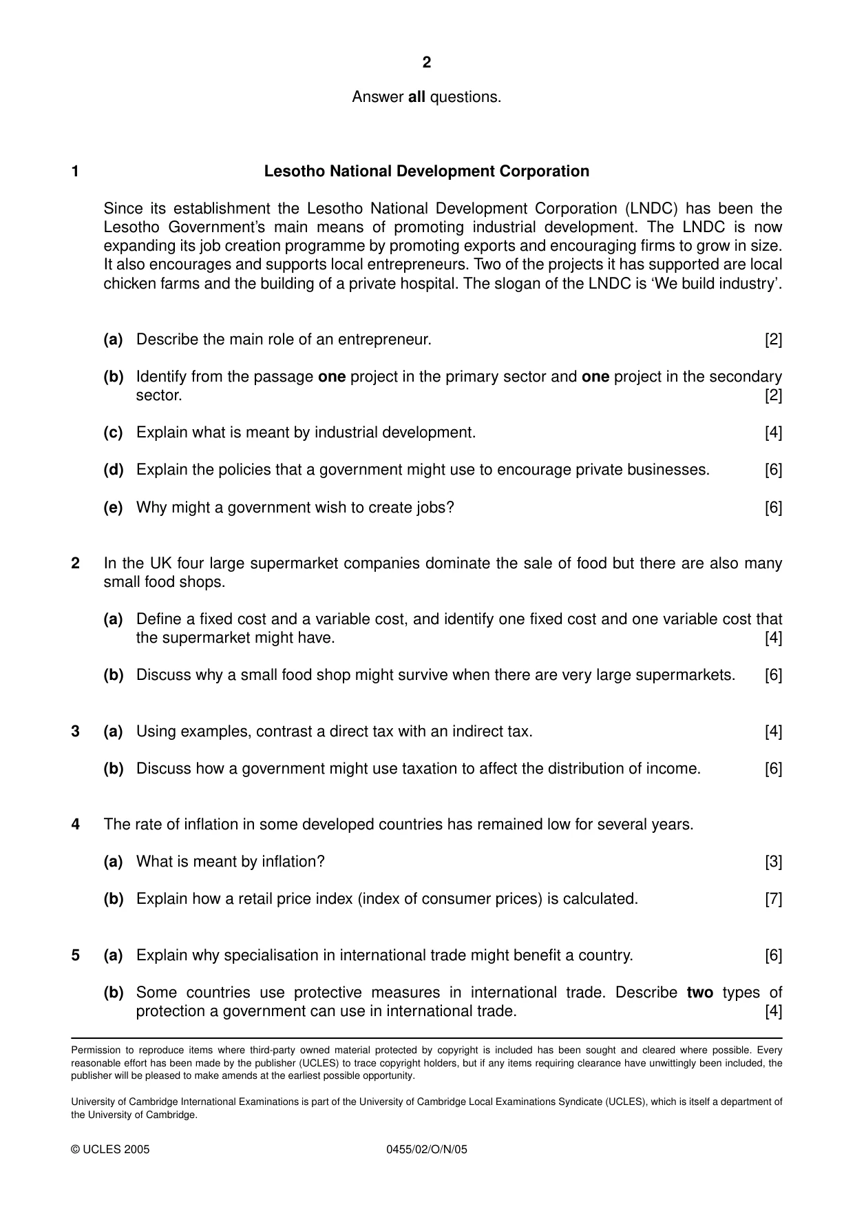 Cambridge IGCSE Economics 0455 2005 Oct/Nov Paper 2 · Variant 1 question paper, page 2 of 2
