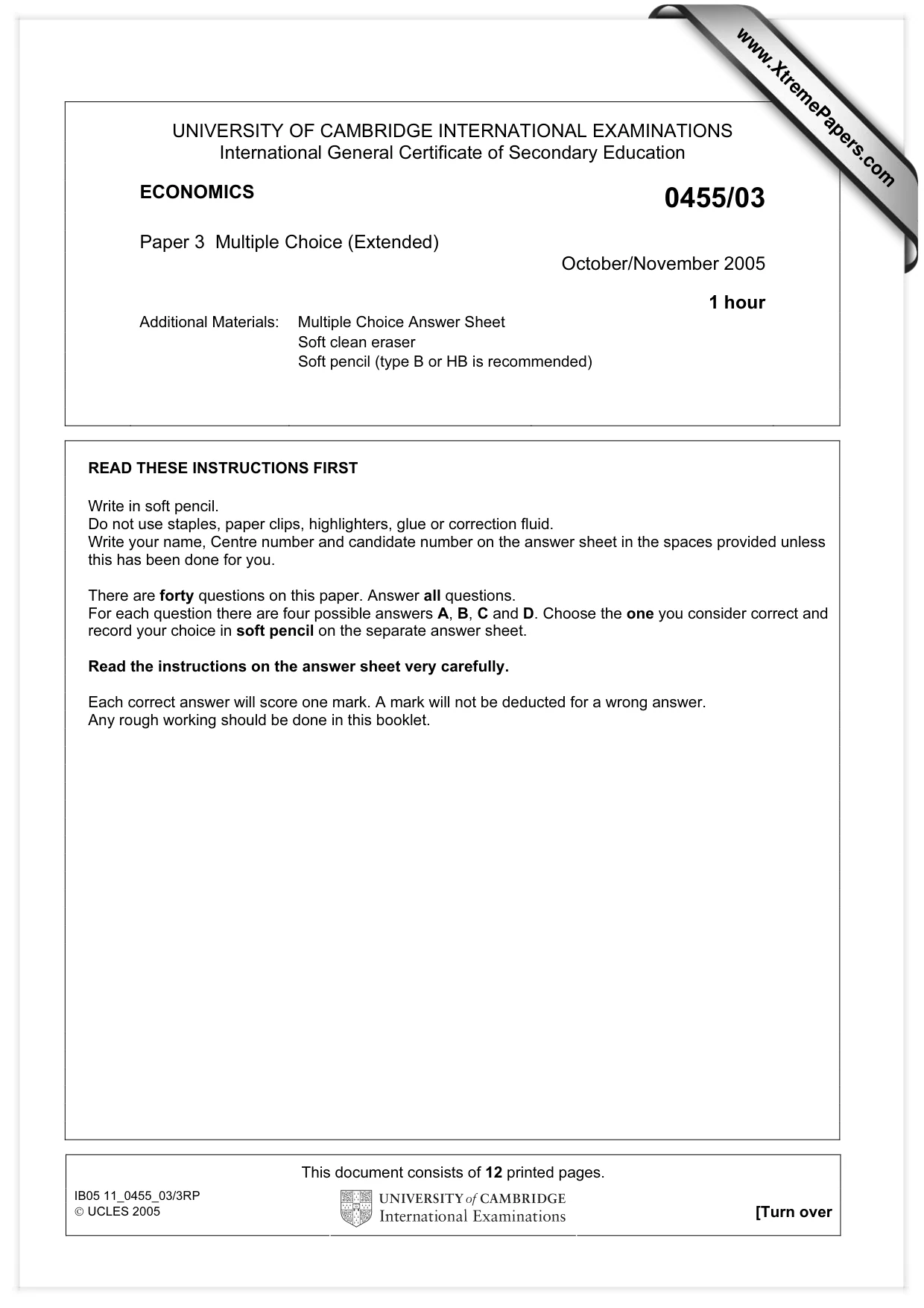 Cambridge IGCSE Economics 0455 2005 Oct/Nov Paper 3 · Variant 1 question paper, page 1 of 12