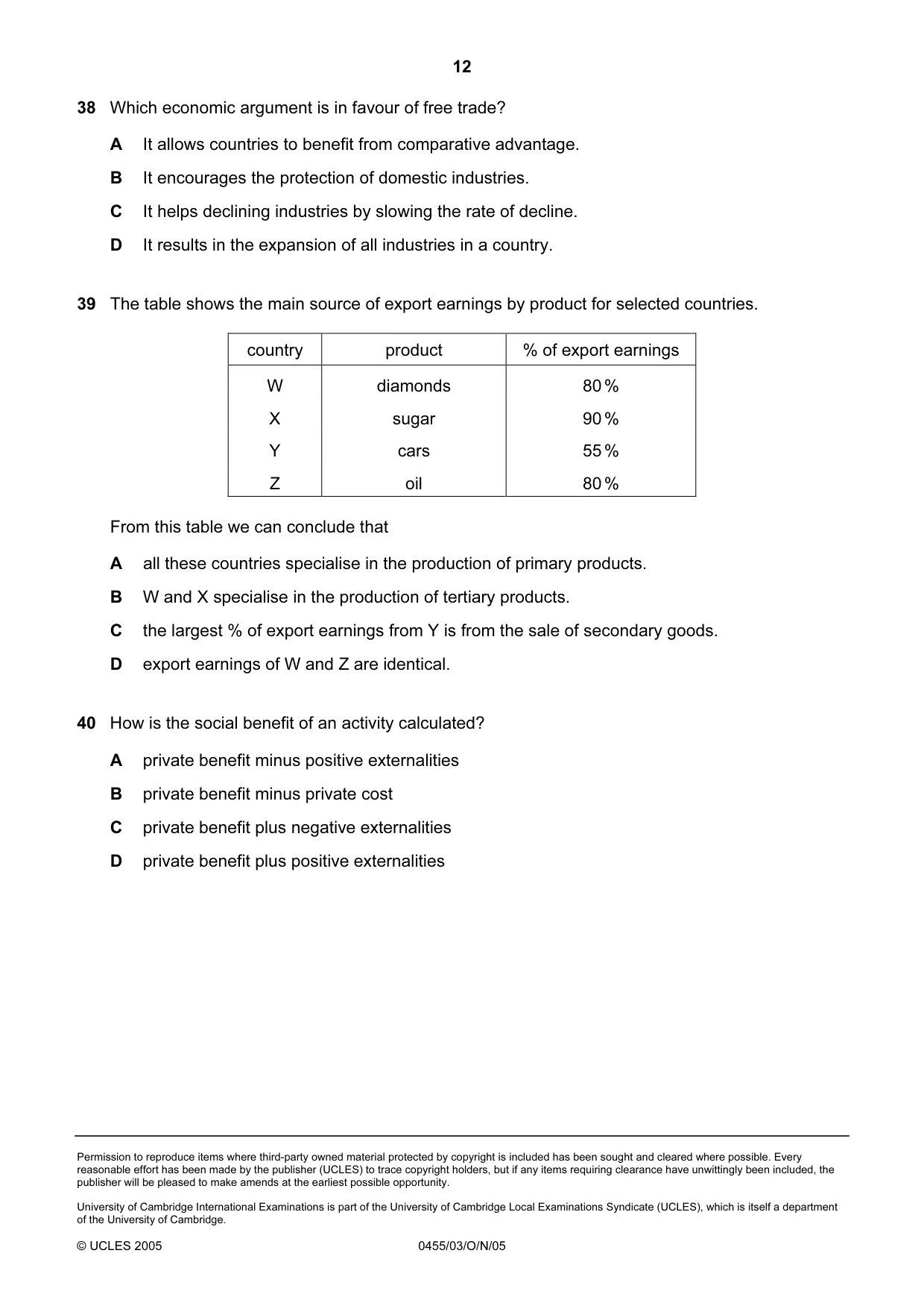 Cambridge IGCSE Economics 0455 2005 Oct/Nov Paper 3 · Variant 1 question paper, page 12 of 12