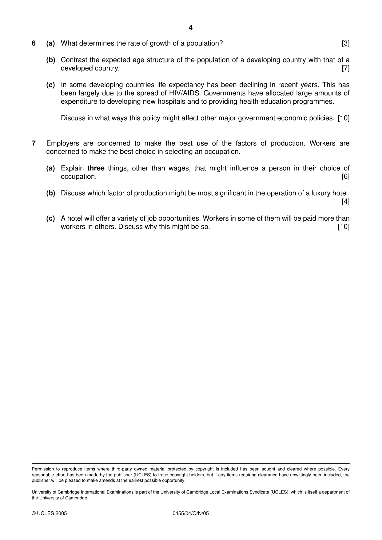Cambridge IGCSE Economics 0455 2005 Oct/Nov Paper 4 · Variant 1 question paper, page 4 of 4