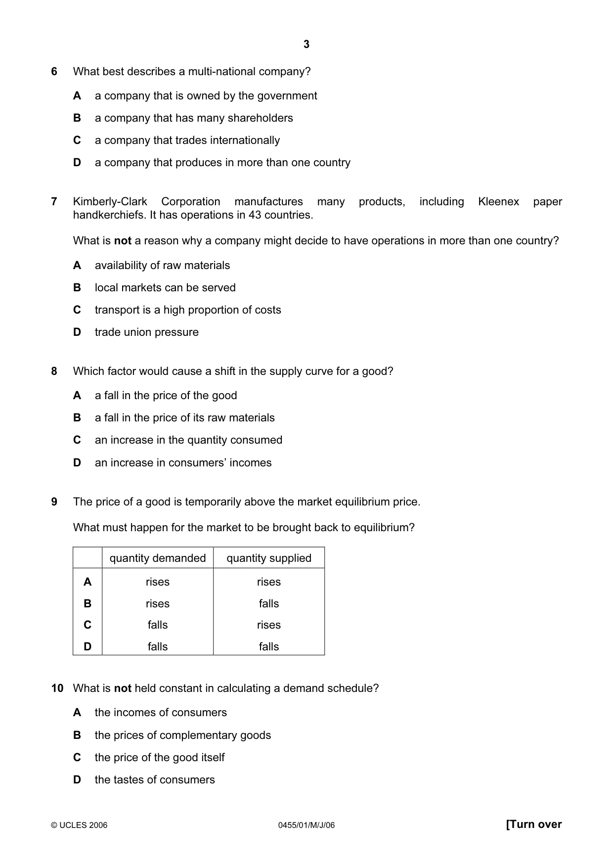 Cambridge IGCSE Economics 0455 2006 May/June Paper 1 · Variant 1 question paper, page 3 of 12