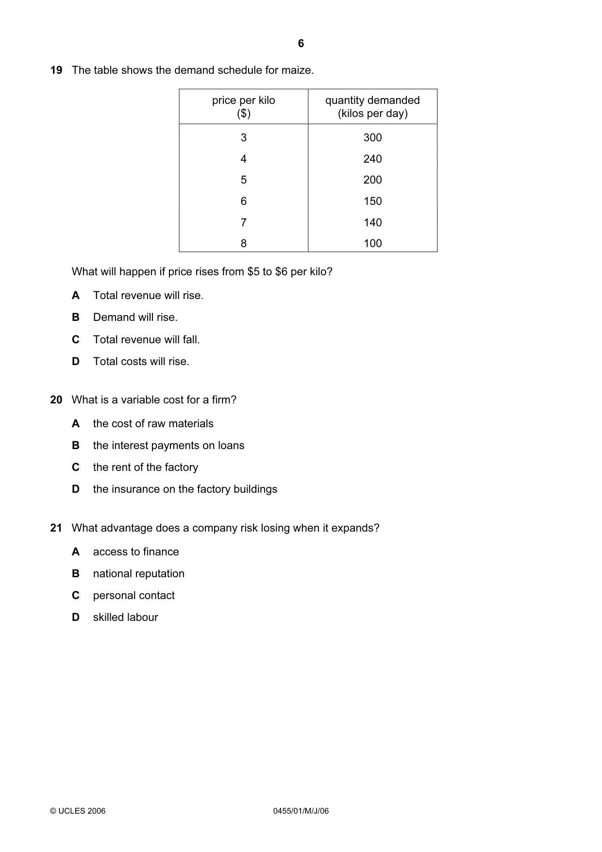 Cambridge IGCSE Economics 0455 2006 May/June Paper 1 · Variant 1 question paper, page 6 of 12