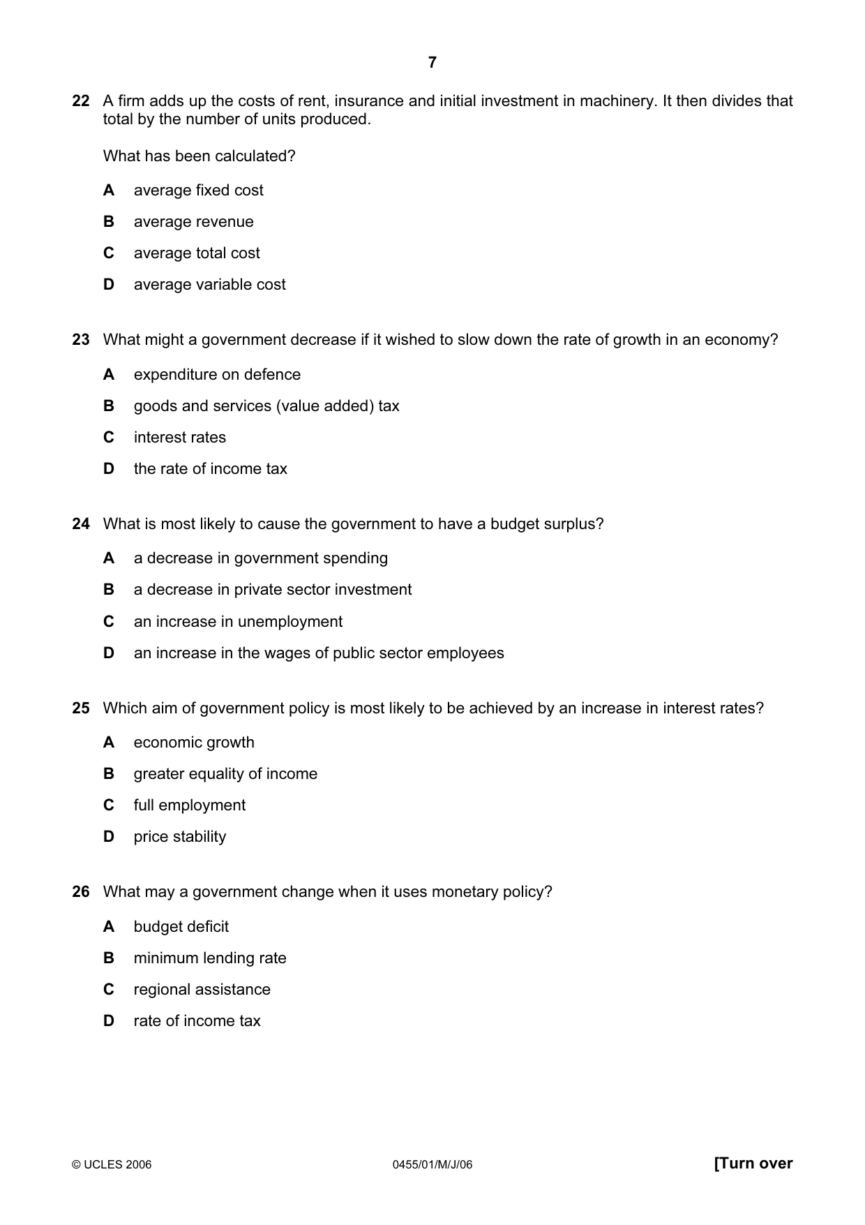 Cambridge IGCSE Economics 0455 2006 May/June Paper 1 · Variant 1 question paper, page 7 of 12