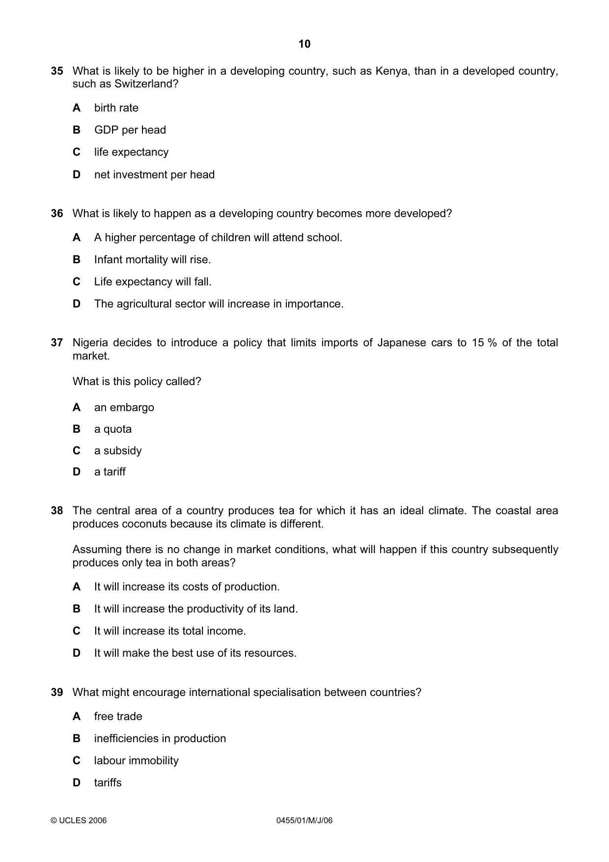 Cambridge IGCSE Economics 0455 2006 May/June Paper 1 · Variant 1 question paper, page 10 of 12