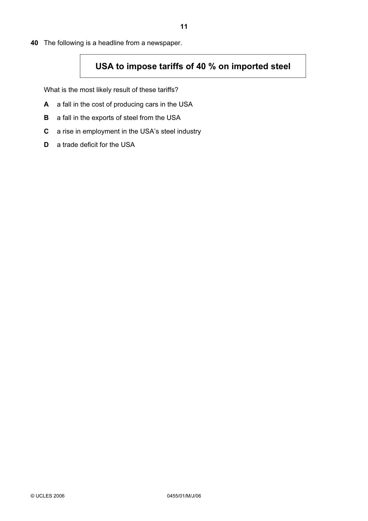 Cambridge IGCSE Economics 0455 2006 May/June Paper 1 · Variant 1 question paper, page 11 of 12