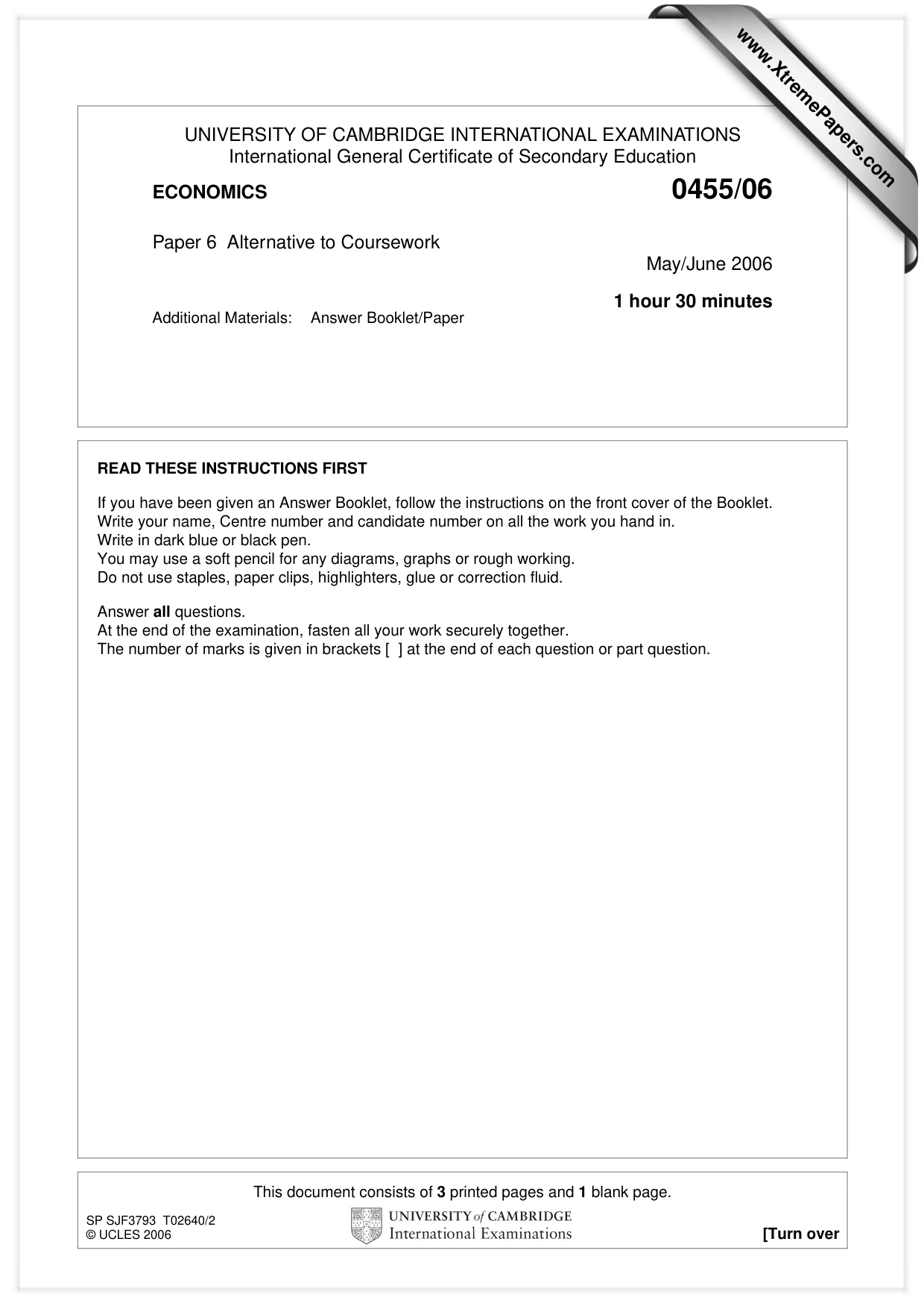 Cambridge IGCSE Economics 0455 2006 May/June Paper 6 · Variant 1 question paper, page 1 of 4