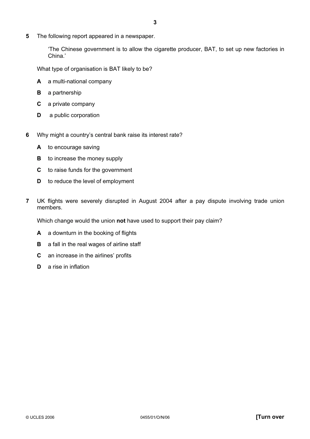 Cambridge IGCSE Economics 0455 2006 Oct/Nov Paper 1 · Variant 1 question paper, page 3 of 12