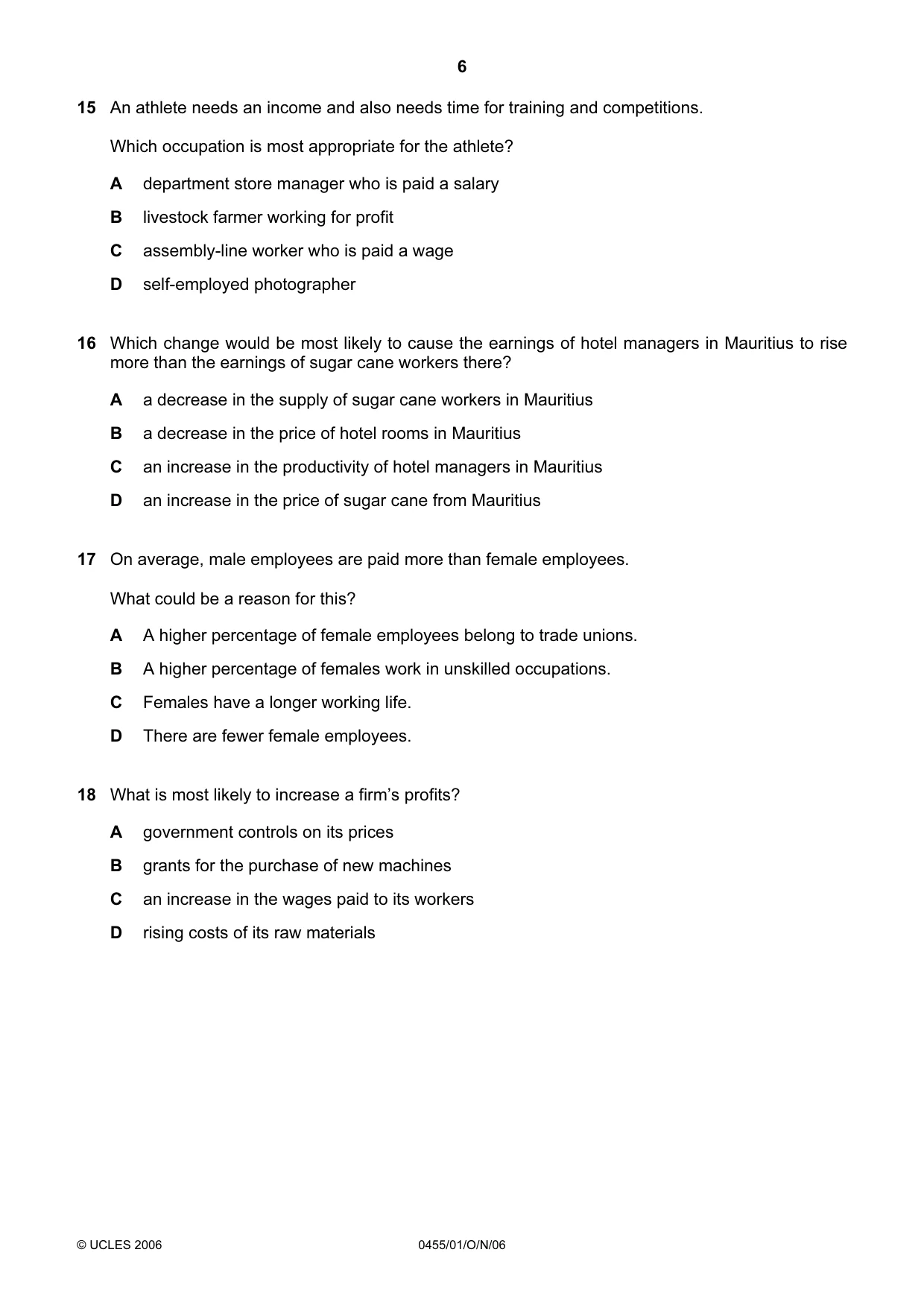 Cambridge IGCSE Economics 0455 2006 Oct/Nov Paper 1 · Variant 1 question paper, page 6 of 12