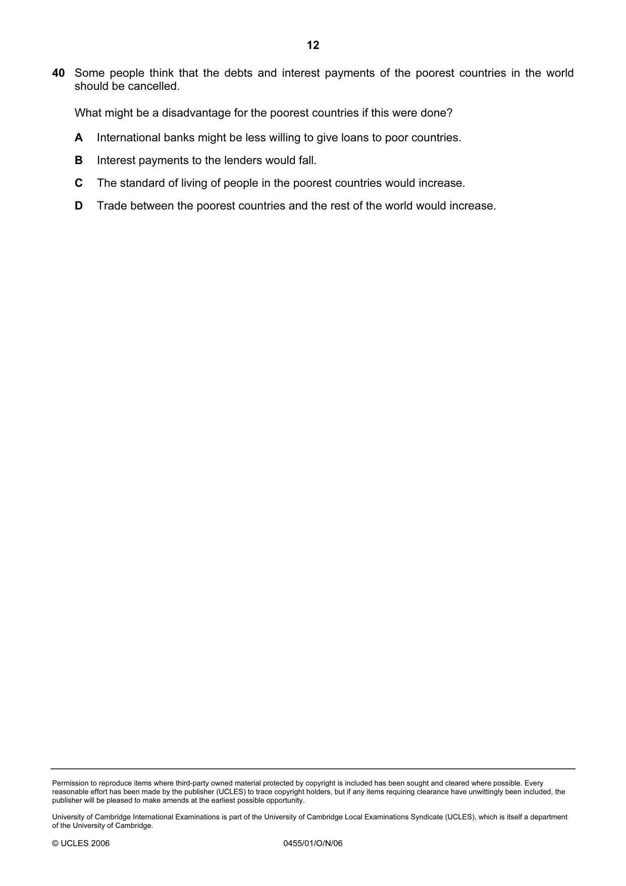 Cambridge IGCSE Economics 0455 2006 Oct/Nov Paper 1 · Variant 1 question paper, page 12 of 12