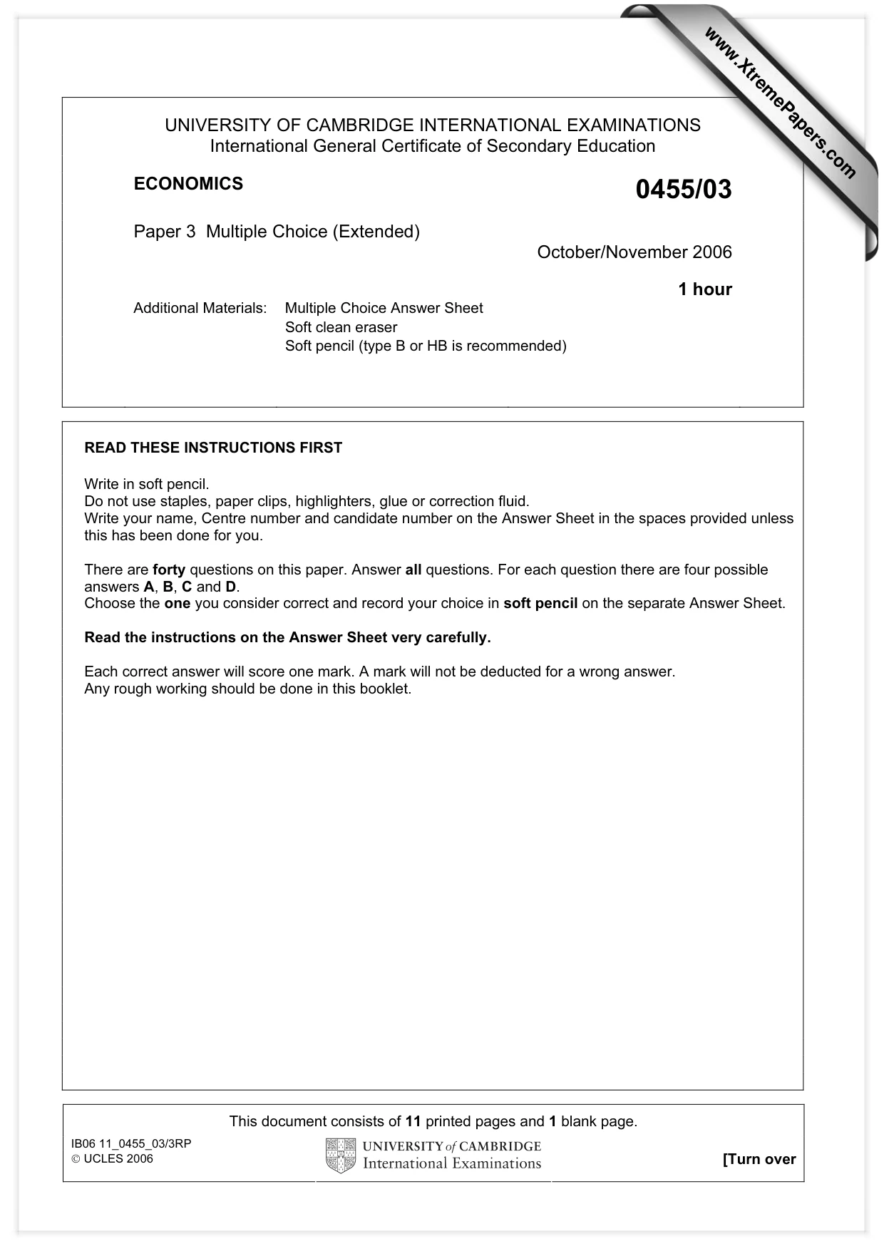 Cambridge IGCSE Economics 0455 2006 Oct/Nov Paper 3 · Variant 1 question paper, page 1 of 12