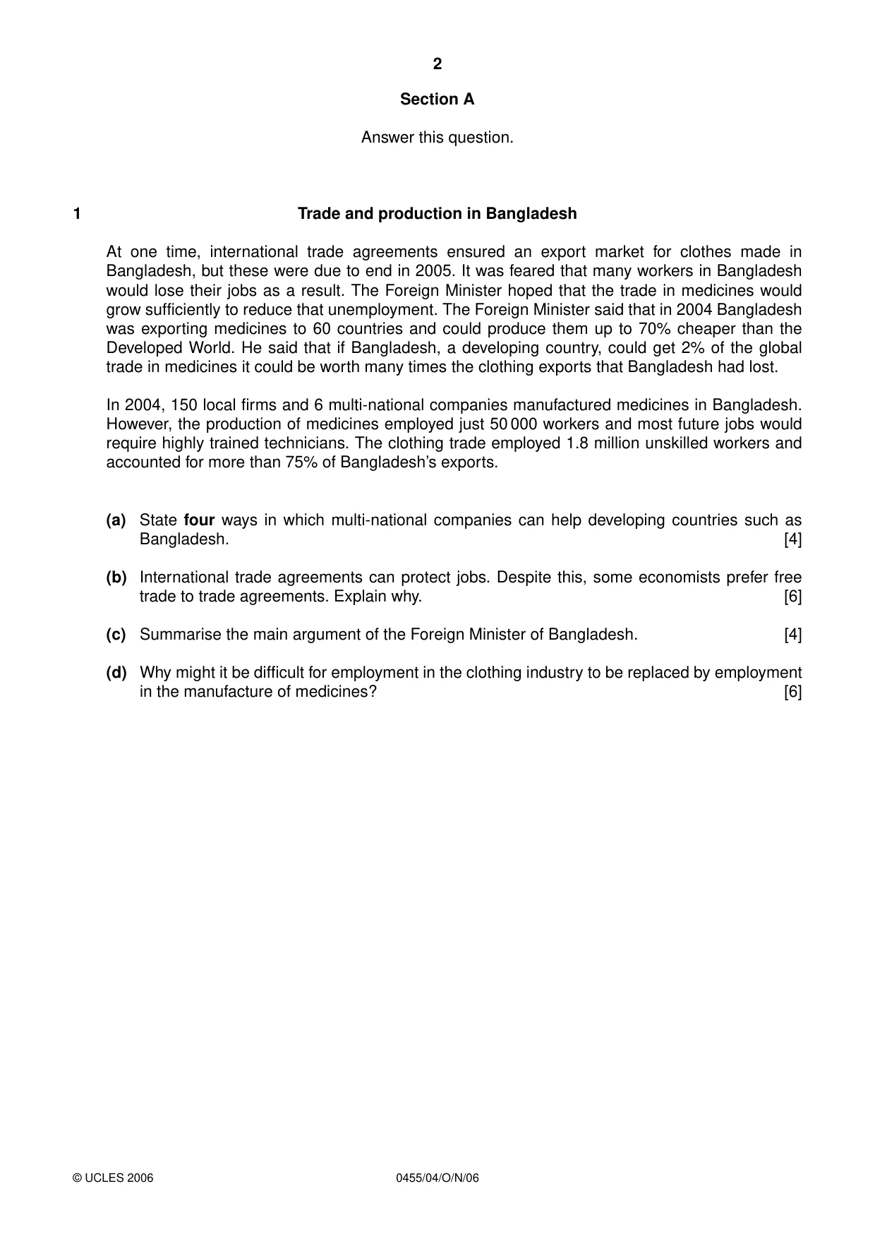 Cambridge IGCSE Economics 0455 2006 Oct/Nov Paper 4 · Variant 1 question paper, page 2 of 4