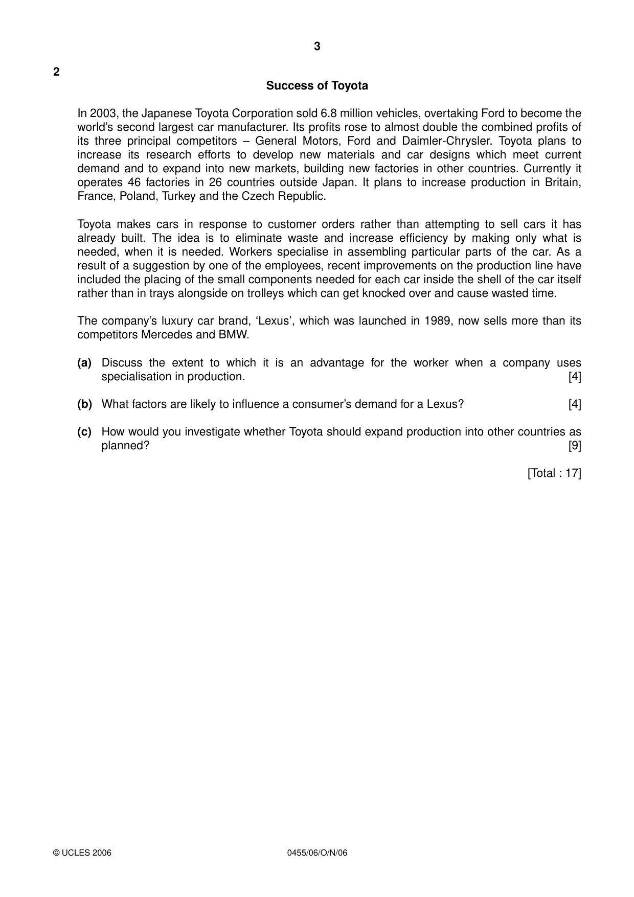 Cambridge IGCSE Economics 0455 2006 Oct/Nov Paper 6 · Variant 1 question paper, page 3 of 4