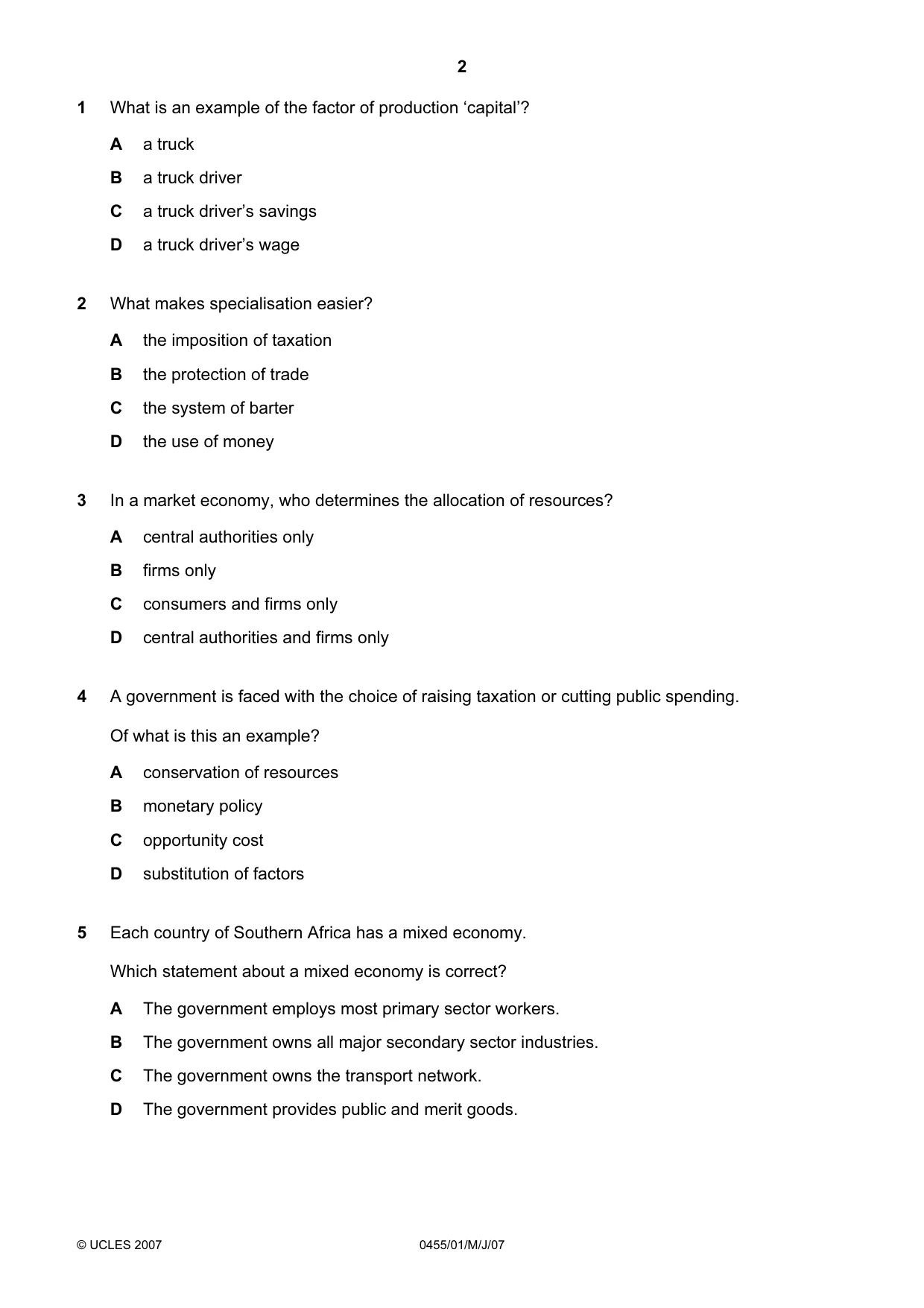 Cambridge IGCSE Economics 0455 2007 May/June Paper 1 · Variant 1 question paper, page 2 of 12