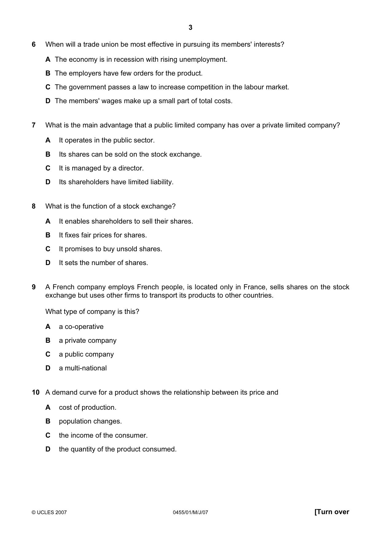 Cambridge IGCSE Economics 0455 2007 May/June Paper 1 · Variant 1 question paper, page 3 of 12