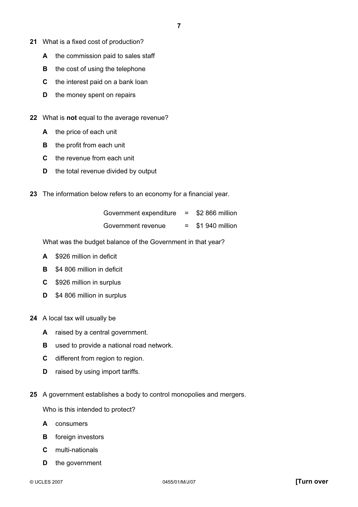 Cambridge IGCSE Economics 0455 2007 May/June Paper 1 · Variant 1 question paper, page 7 of 12