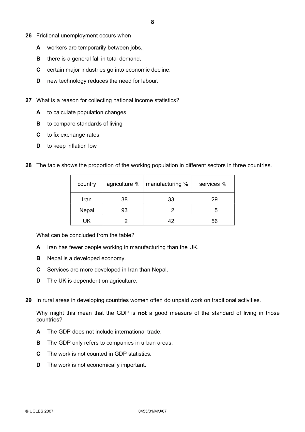 Cambridge IGCSE Economics 0455 2007 May/June Paper 1 · Variant 1 question paper, page 8 of 12