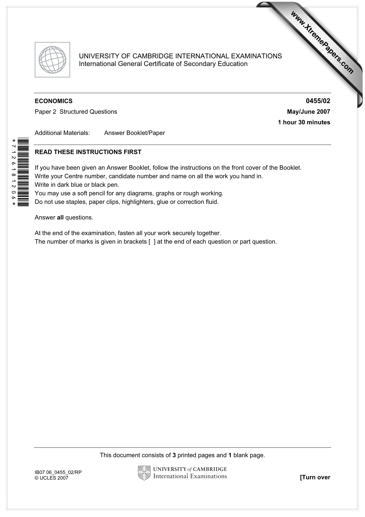 Cambridge IGCSE Economics 0455 2007 May/June Paper 2 · Variant 1 question paper, page 1 of 4
