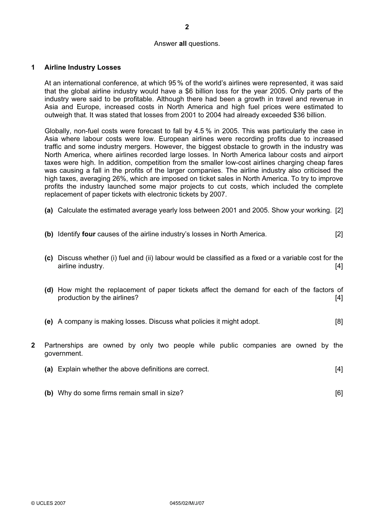Cambridge IGCSE Economics 0455 2007 May/June Paper 2 · Variant 1 question paper, page 2 of 4