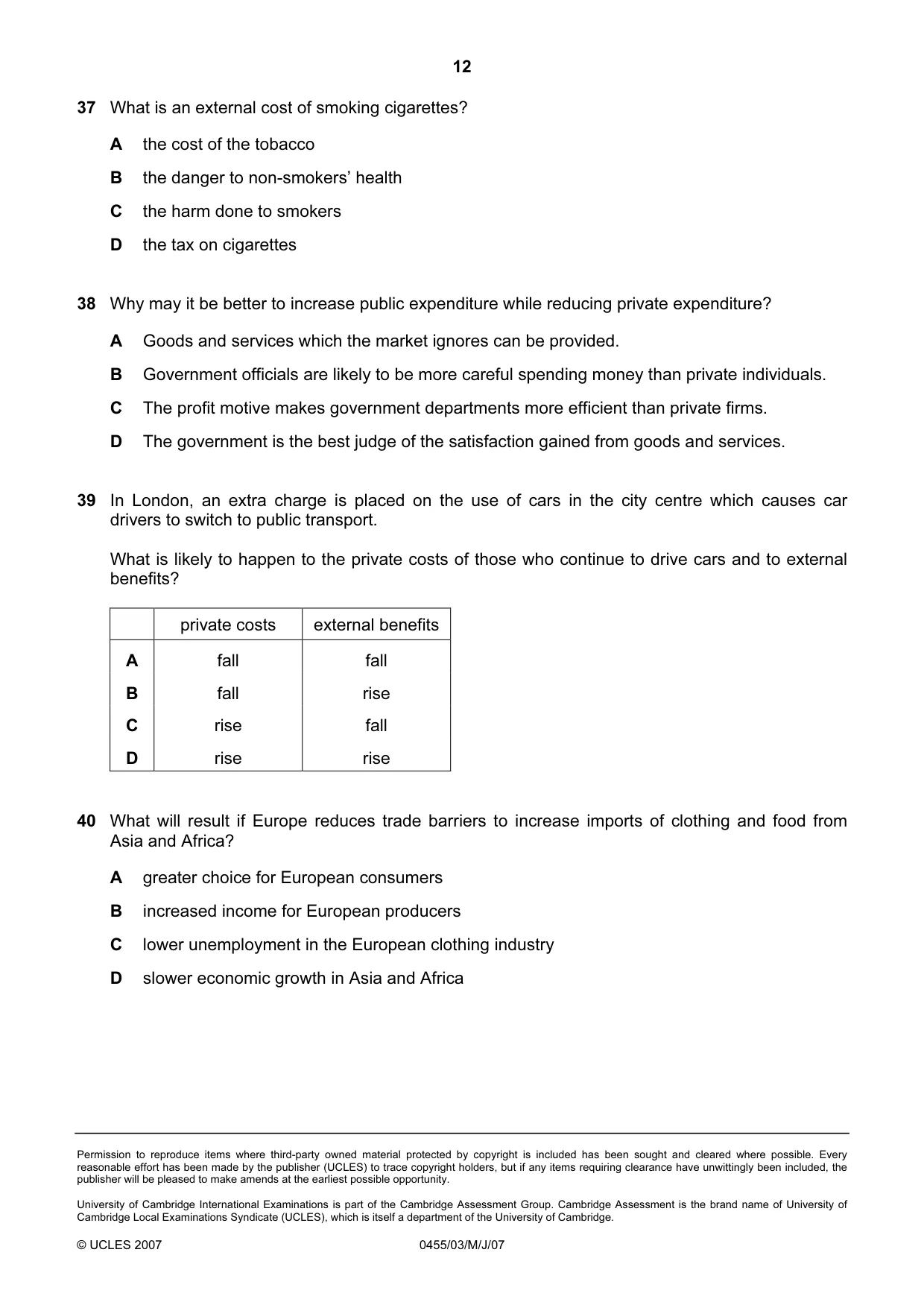 Cambridge IGCSE Economics 0455 2007 May/June Paper 3 · Variant 1 question paper, page 12 of 12