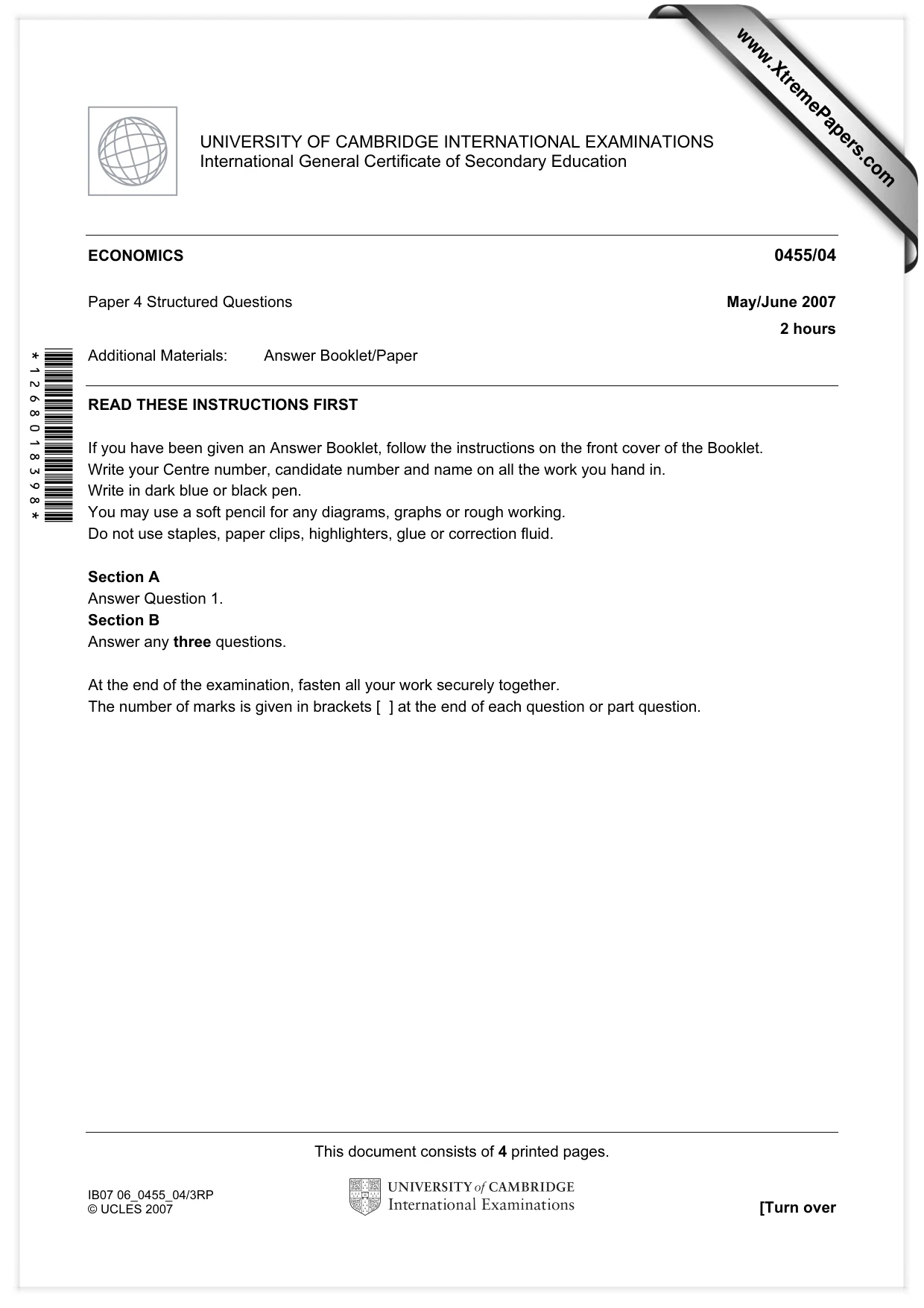 Cambridge IGCSE Economics 0455 2007 May/June Paper 4 · Variant 1 question paper, page 1 of 4