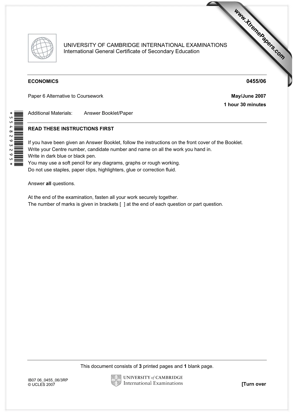 Cambridge IGCSE Economics 0455 2007 May/June Paper 6 · Variant 1 question paper, page 1 of 4