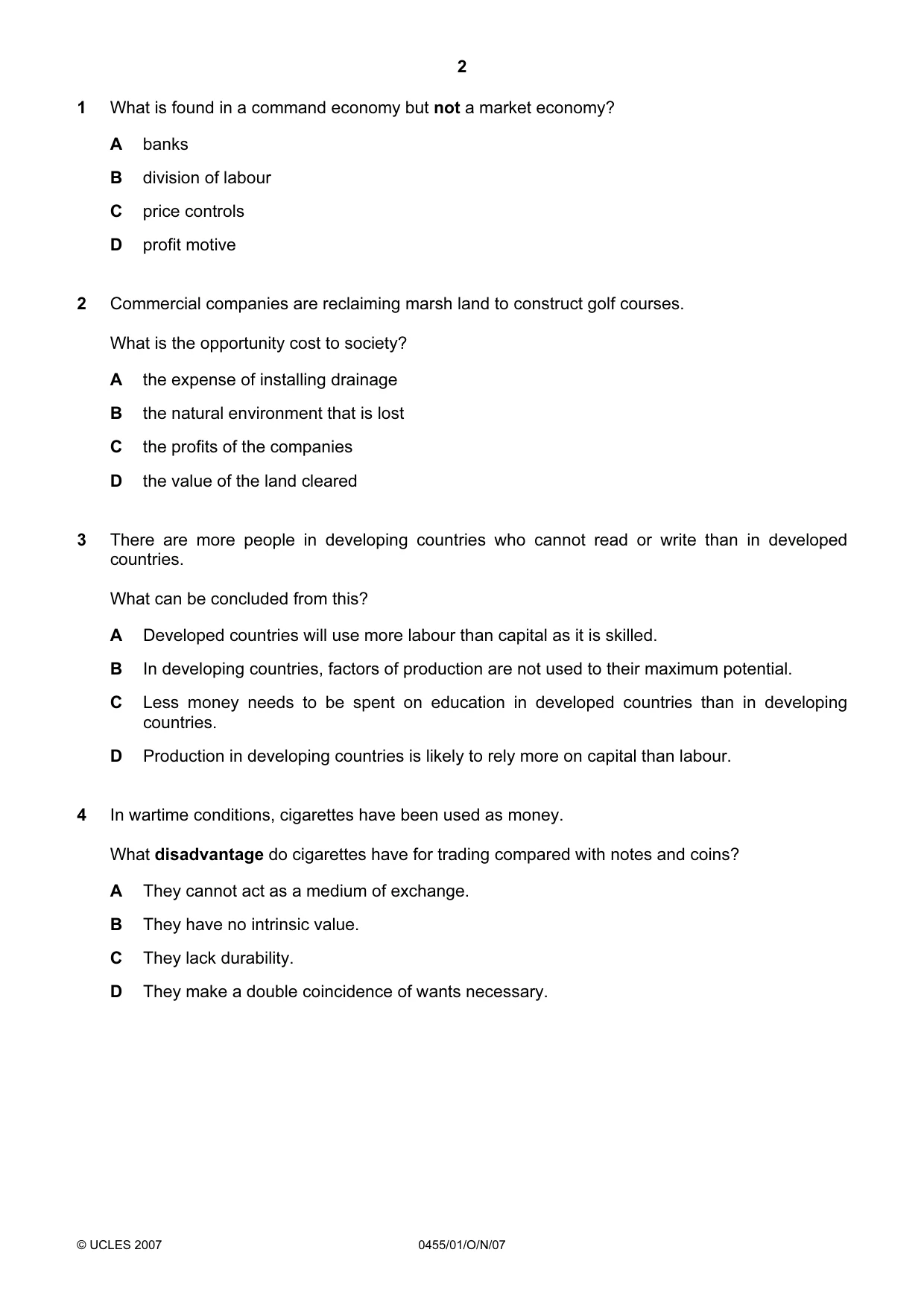 Cambridge IGCSE Economics 0455 2007 Oct/Nov Paper 1 · Variant 1 question paper, page 2 of 12