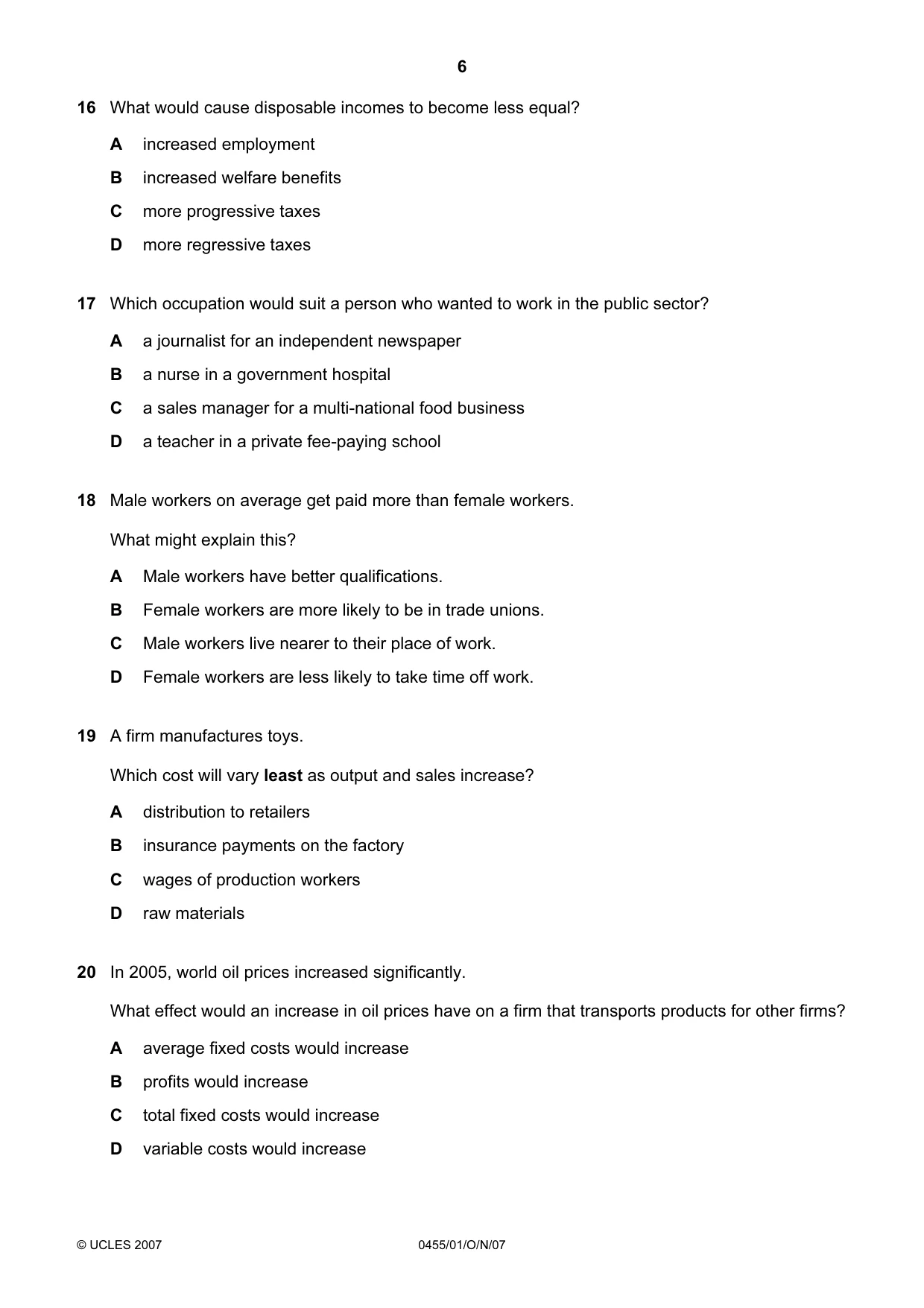 Cambridge IGCSE Economics 0455 2007 Oct/Nov Paper 1 · Variant 1 question paper, page 6 of 12