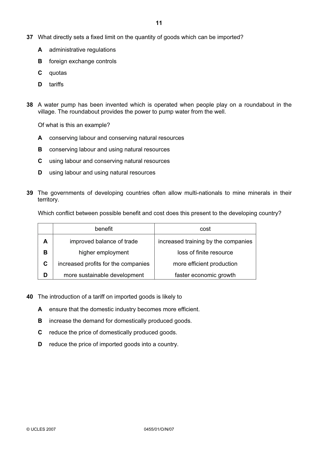 Cambridge IGCSE Economics 0455 2007 Oct/Nov Paper 1 · Variant 1 question paper, page 11 of 12