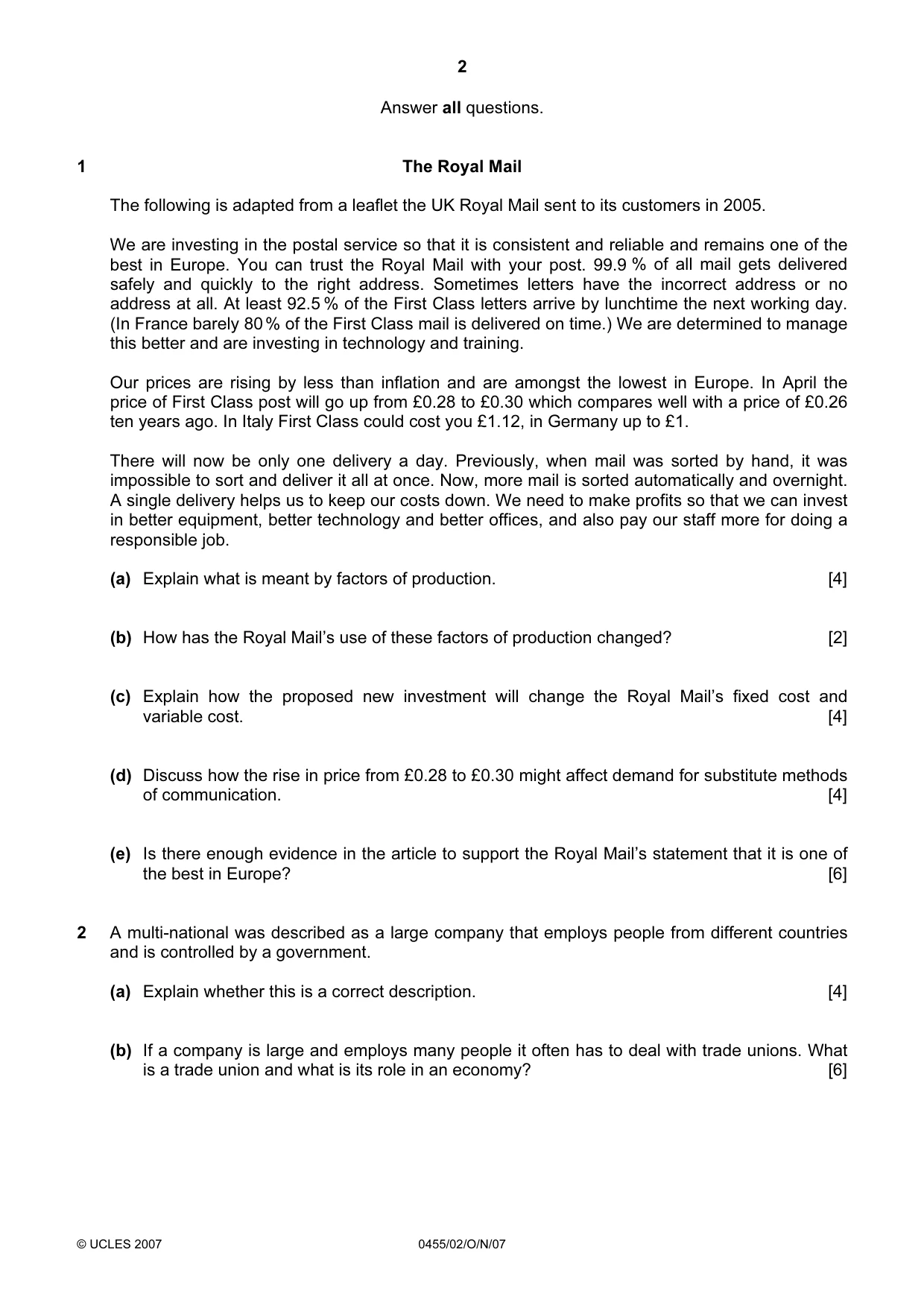 Cambridge IGCSE Economics 0455 2007 Oct/Nov Paper 2 · Variant 1 question paper, page 2 of 4