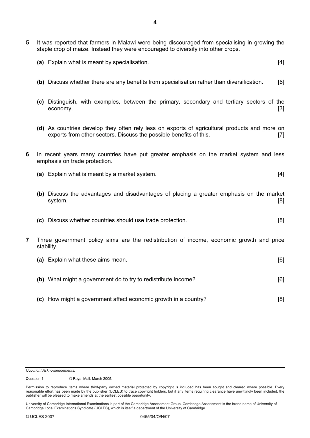 Cambridge IGCSE Economics 0455 2007 Oct/Nov Paper 4 · Variant 1 question paper, page 4 of 4