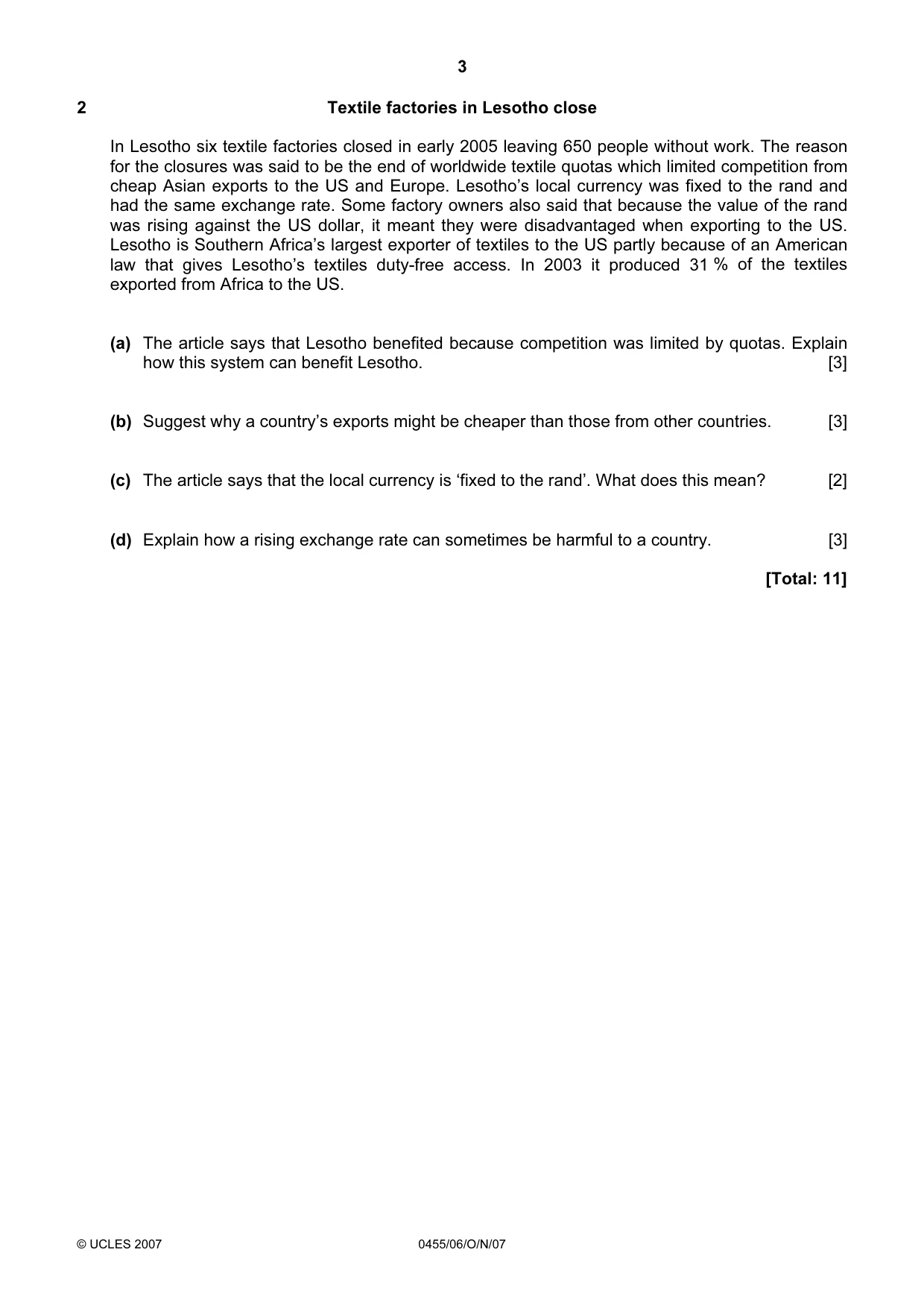 Cambridge IGCSE Economics 0455 2007 Oct/Nov Paper 6 · Variant 1 question paper, page 3 of 4