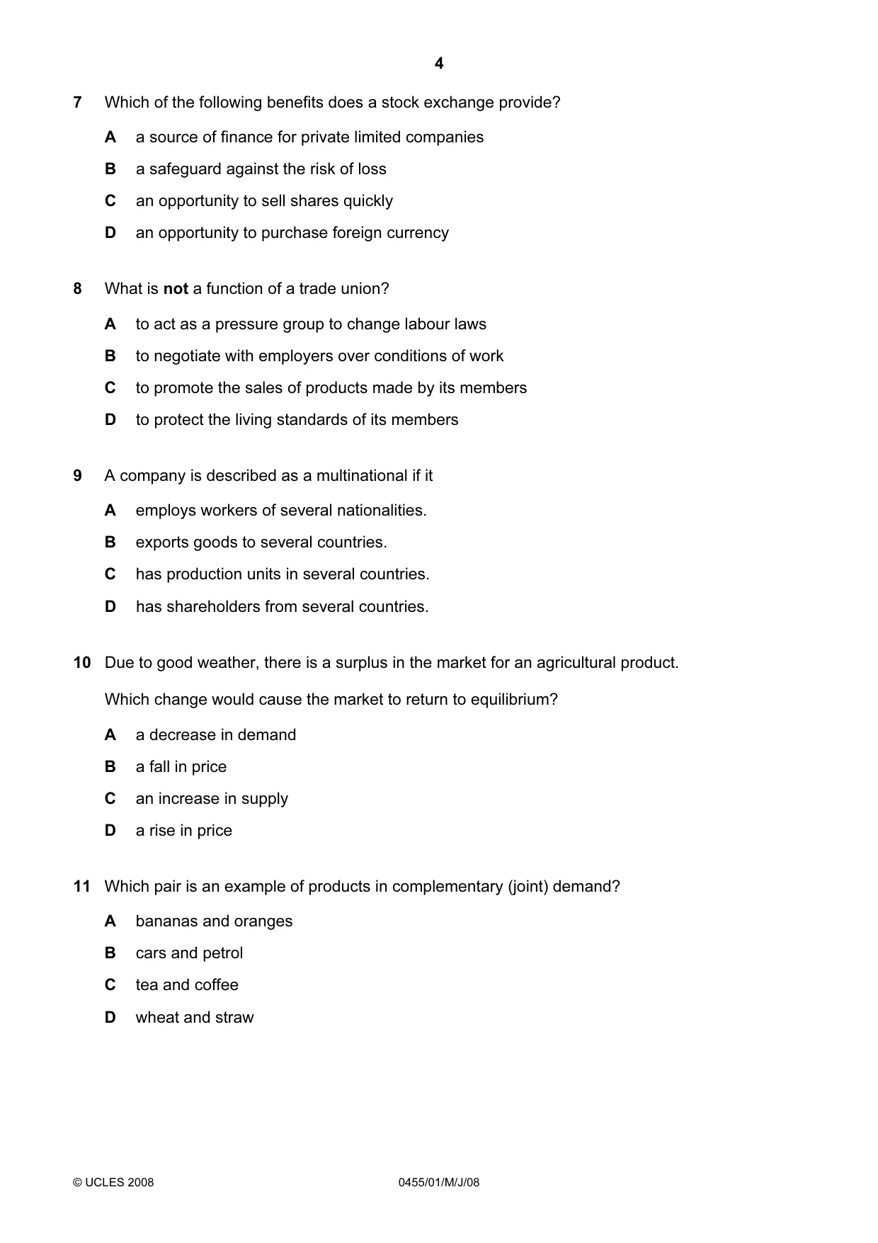 Cambridge IGCSE Economics 0455 2008 May/June Paper 1 · Variant 1 question paper, page 4 of 12