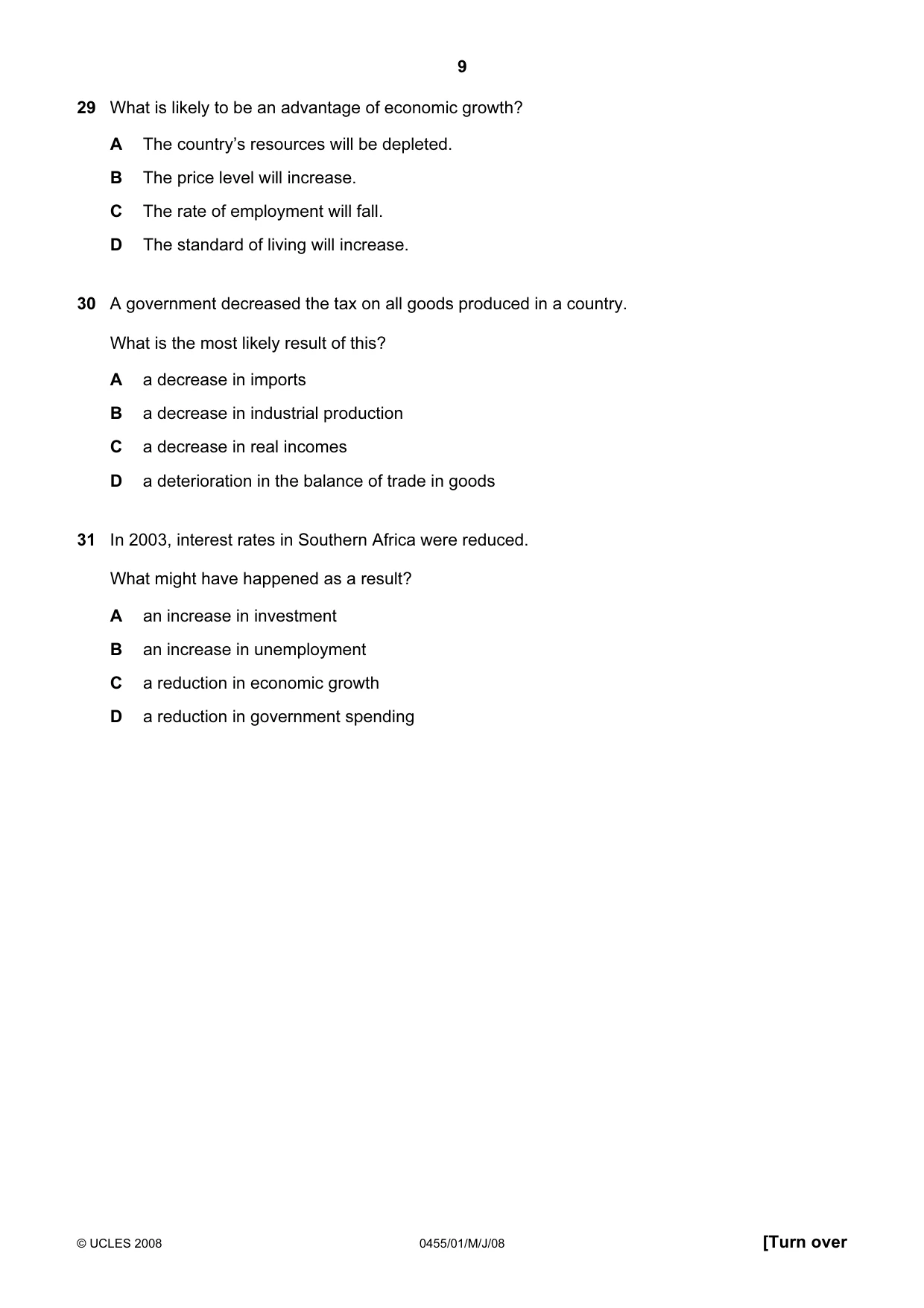 Cambridge IGCSE Economics 0455 2008 May/June Paper 1 · Variant 1 question paper, page 9 of 12