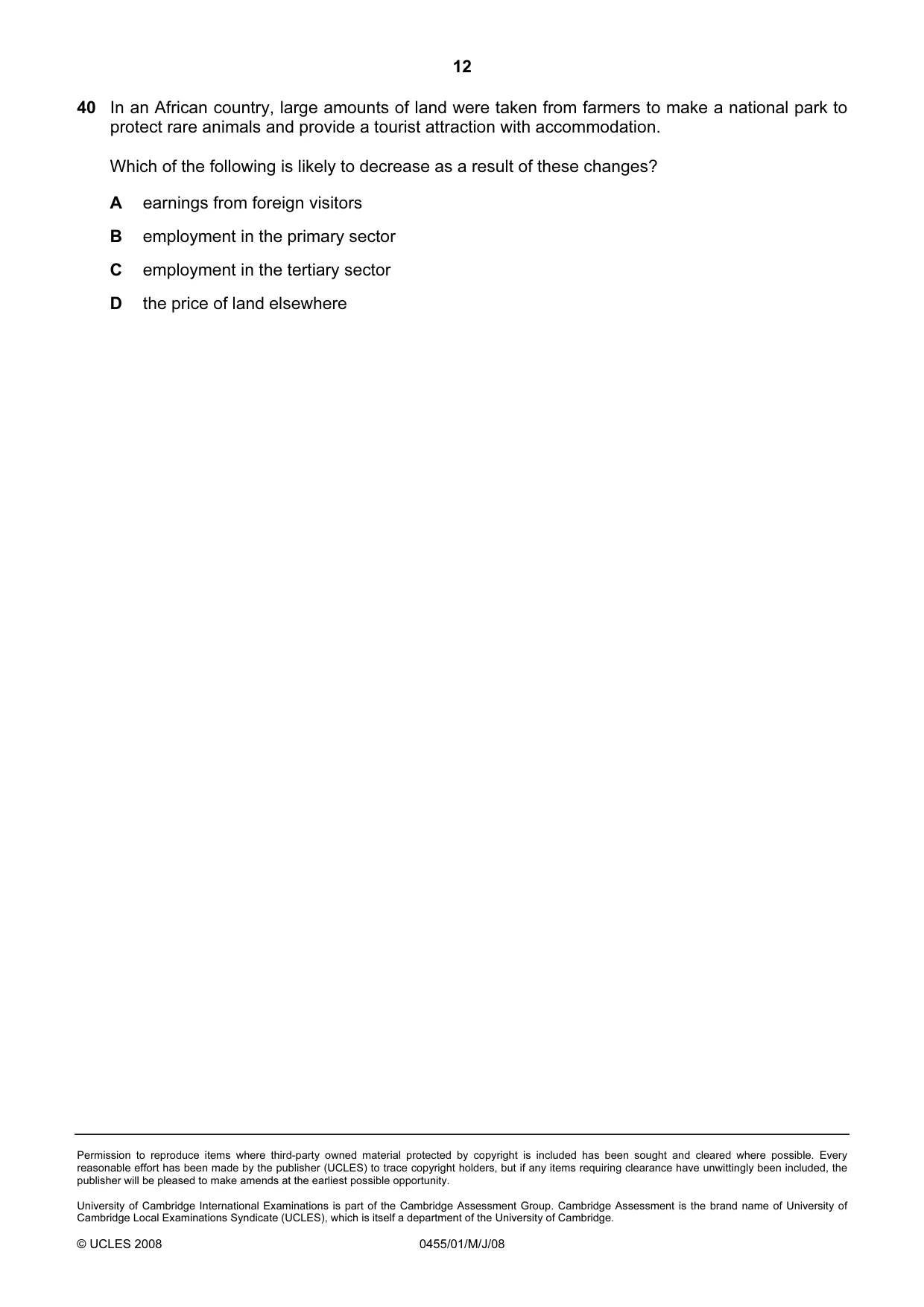 Cambridge IGCSE Economics 0455 2008 May/June Paper 1 · Variant 1 question paper, page 12 of 12