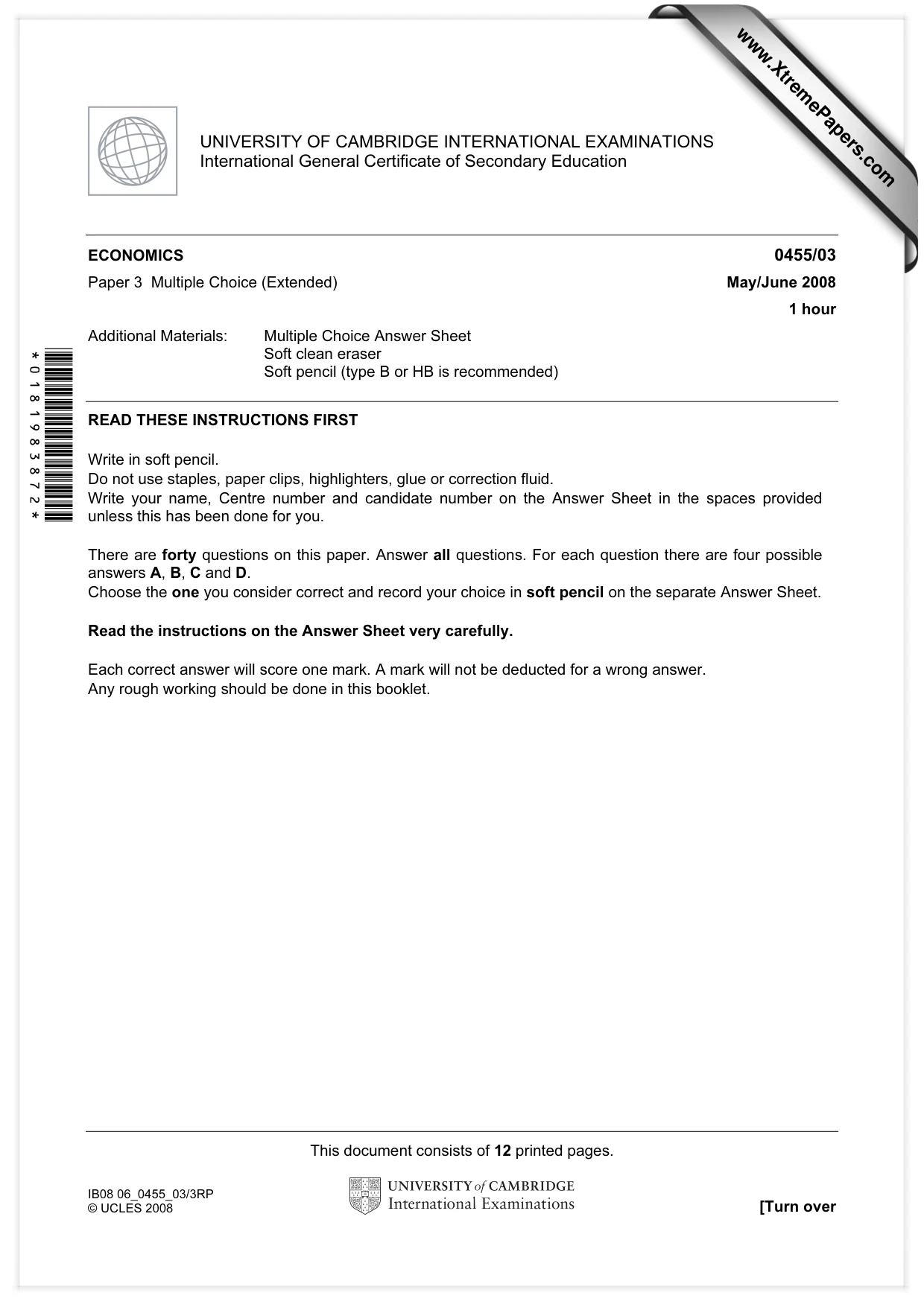 Cambridge IGCSE Economics 0455 2008 May/June Paper 3 · Variant 1 question paper, page 1 of 12